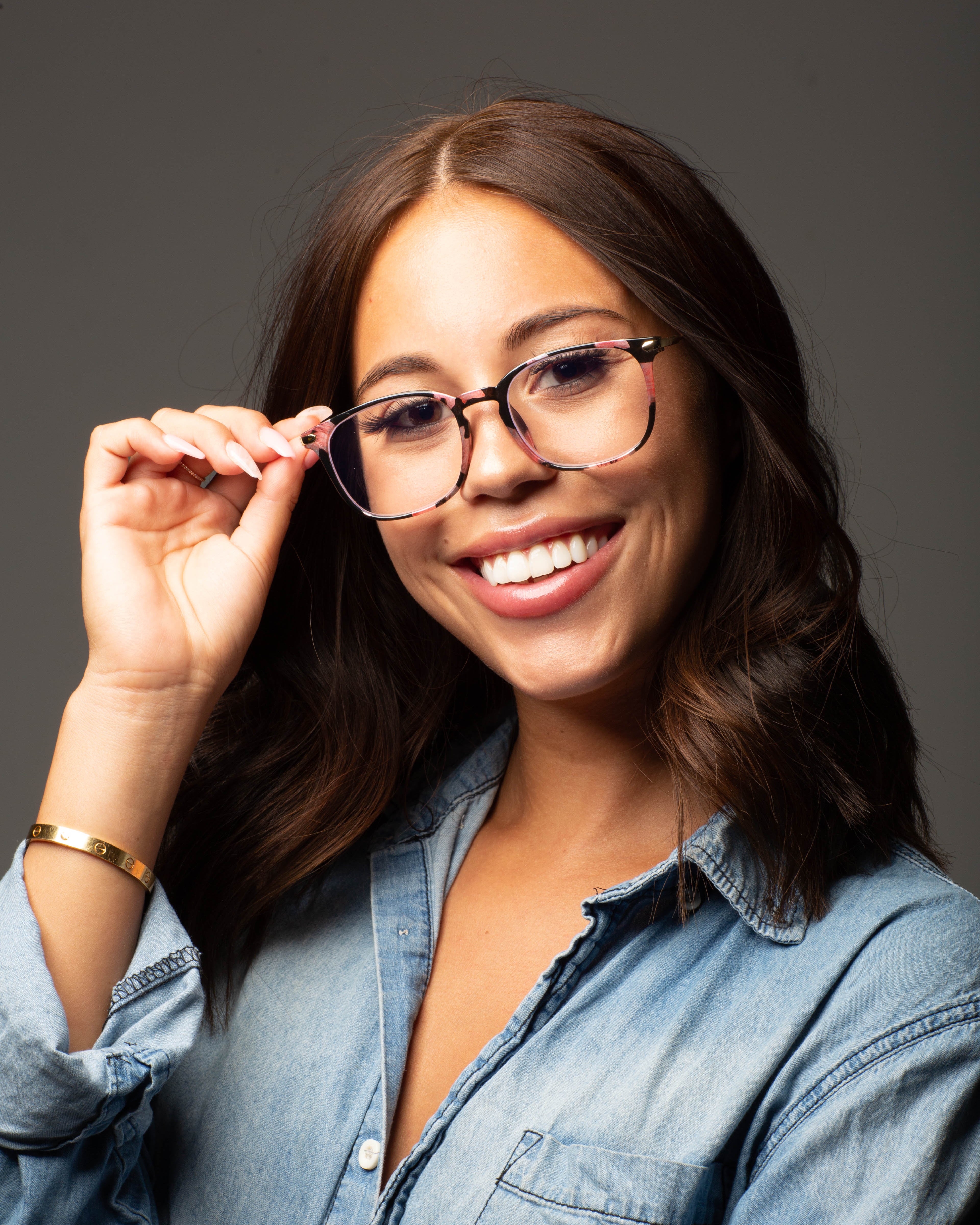 Model wearing LadyBoss Classics eyeglasses in Floral #frame color_floral