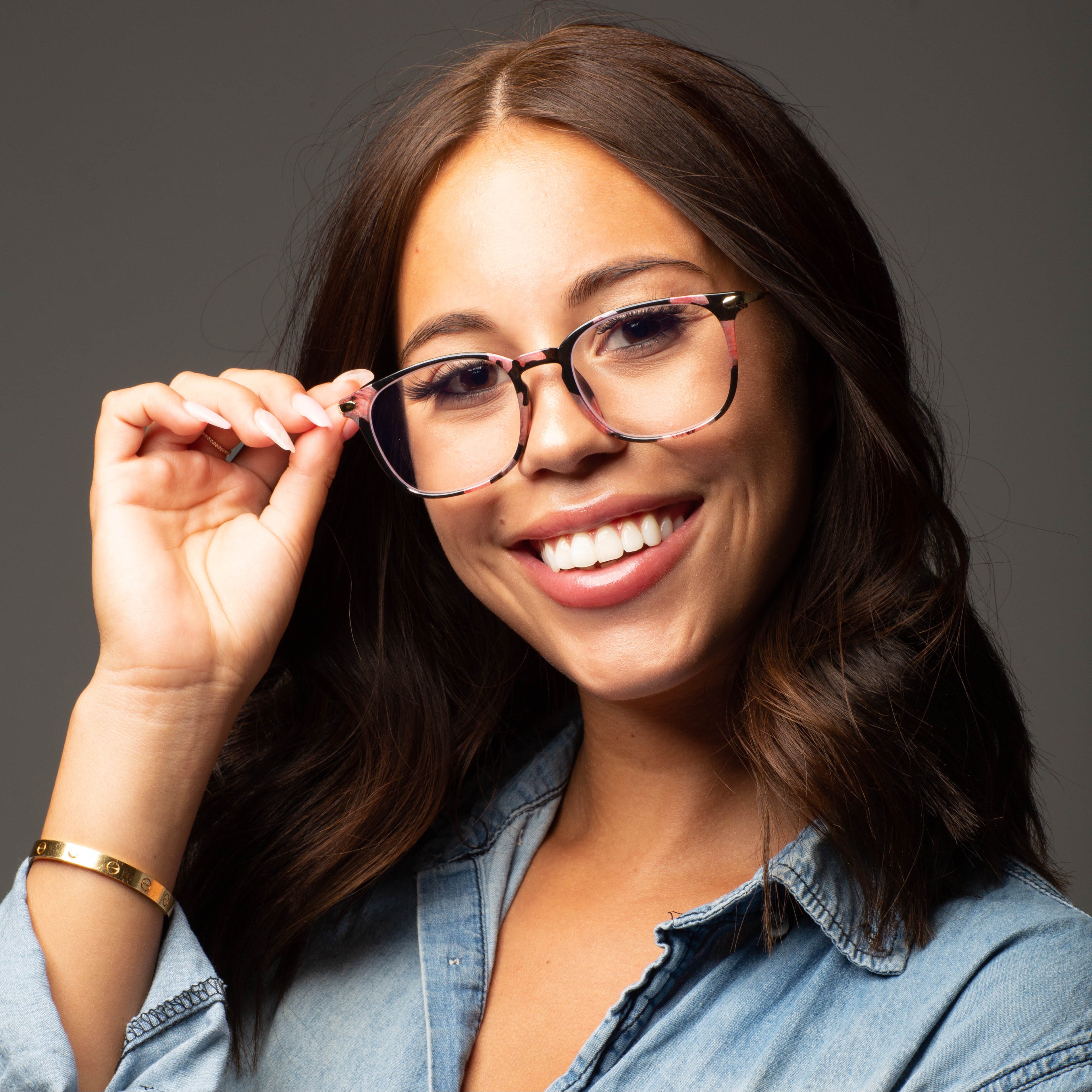 Model wearing LadyBoss Classics eyeglasses in Floral #frame color_floral