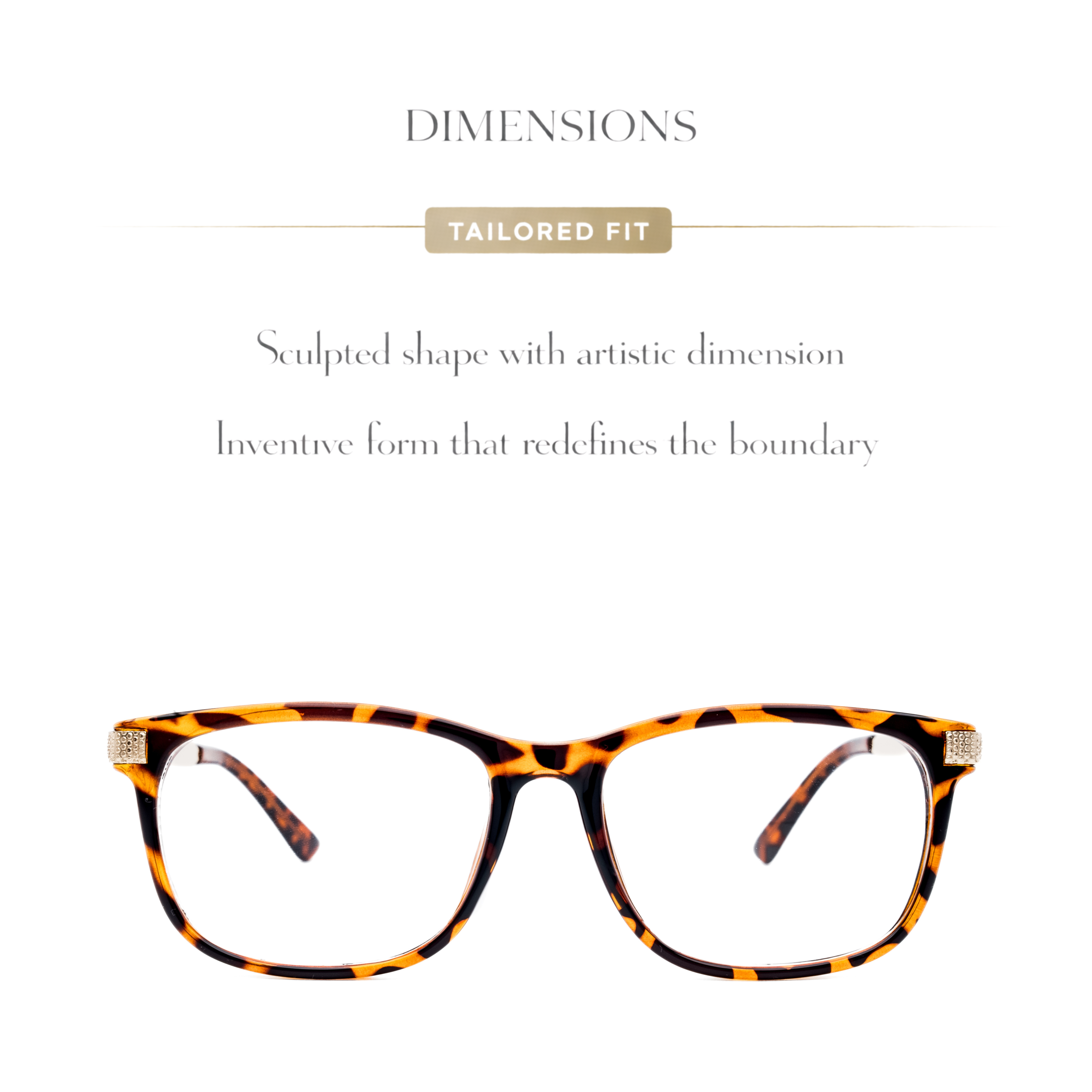 Leopard print eyeglasses with text about tailored fit and artistic dimensions on a white background