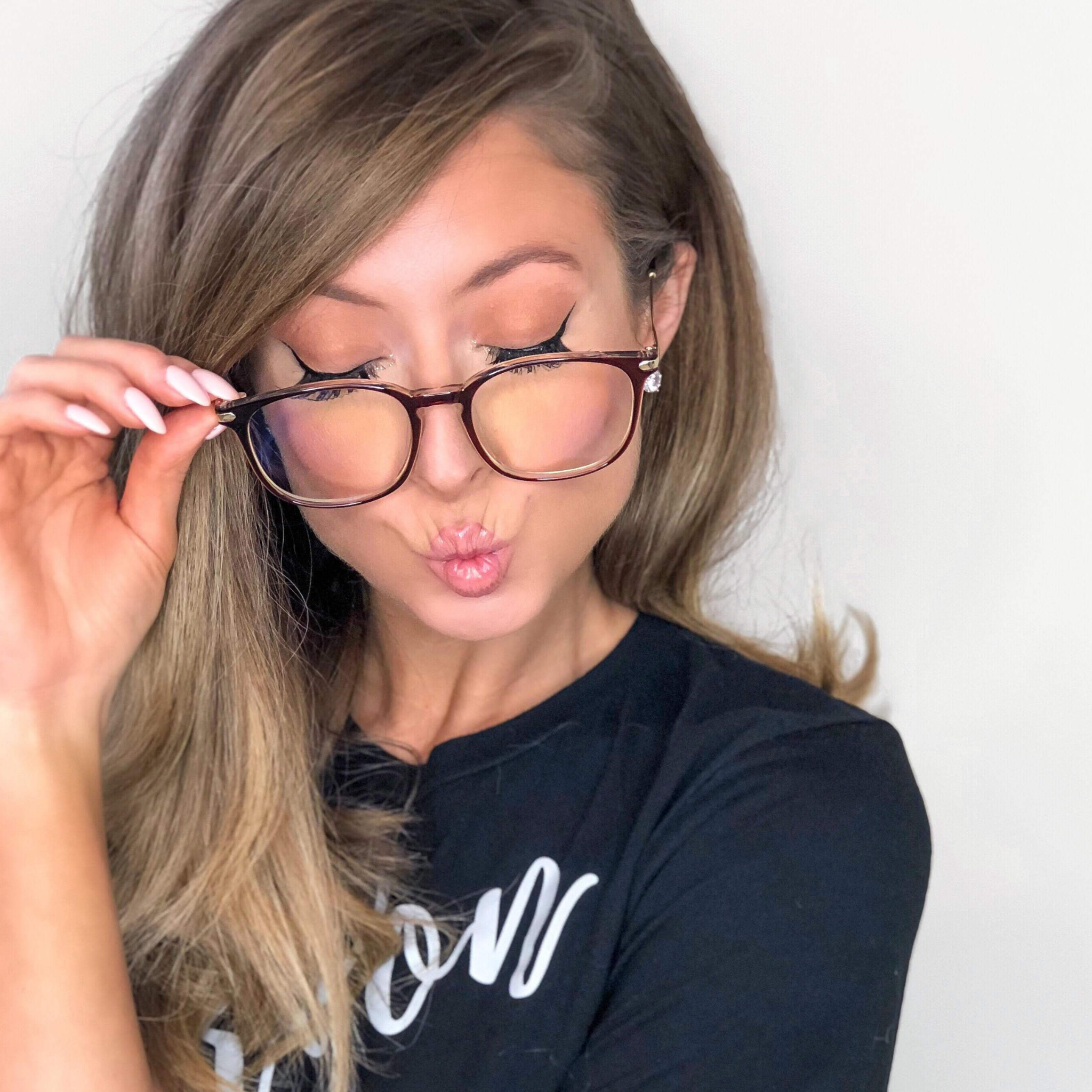 Model wearing LadyBoss Classics eyeglasses in Dark Rose #frame color_dark rose