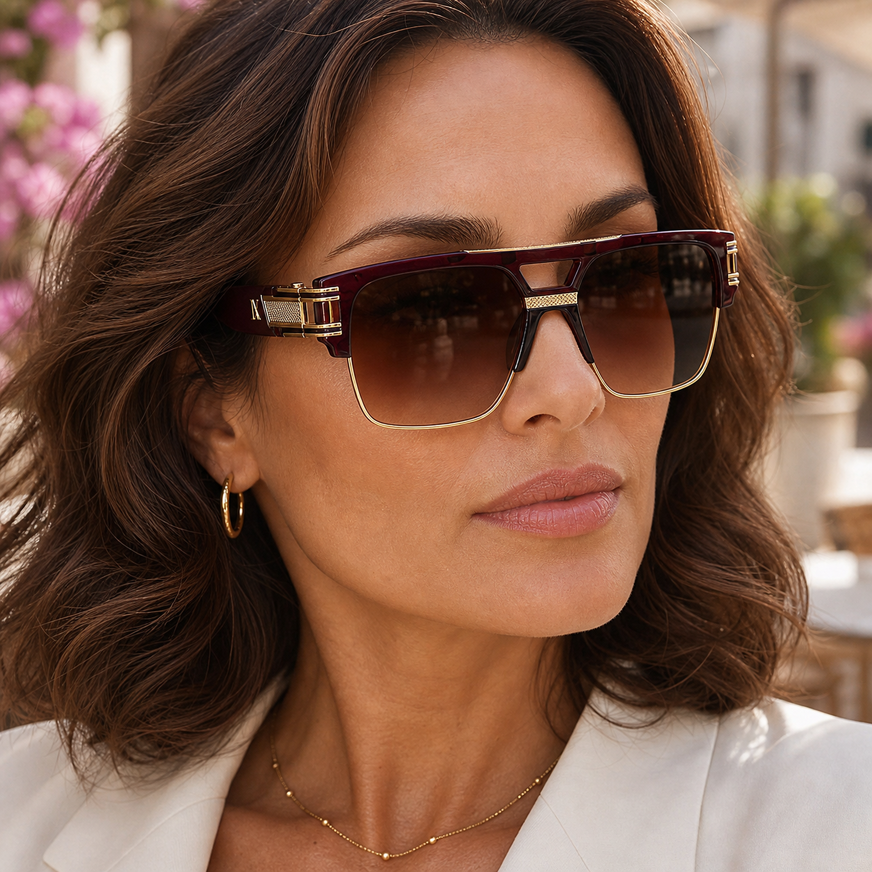 Model wearing LadyBoss Capitals sunglasses in Burgundy, close-up view #frame color_burgundy