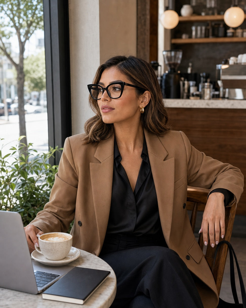 Model wearing LadyBoss Ethereals eyeglasses in Black, wide-angle view #frame color_black