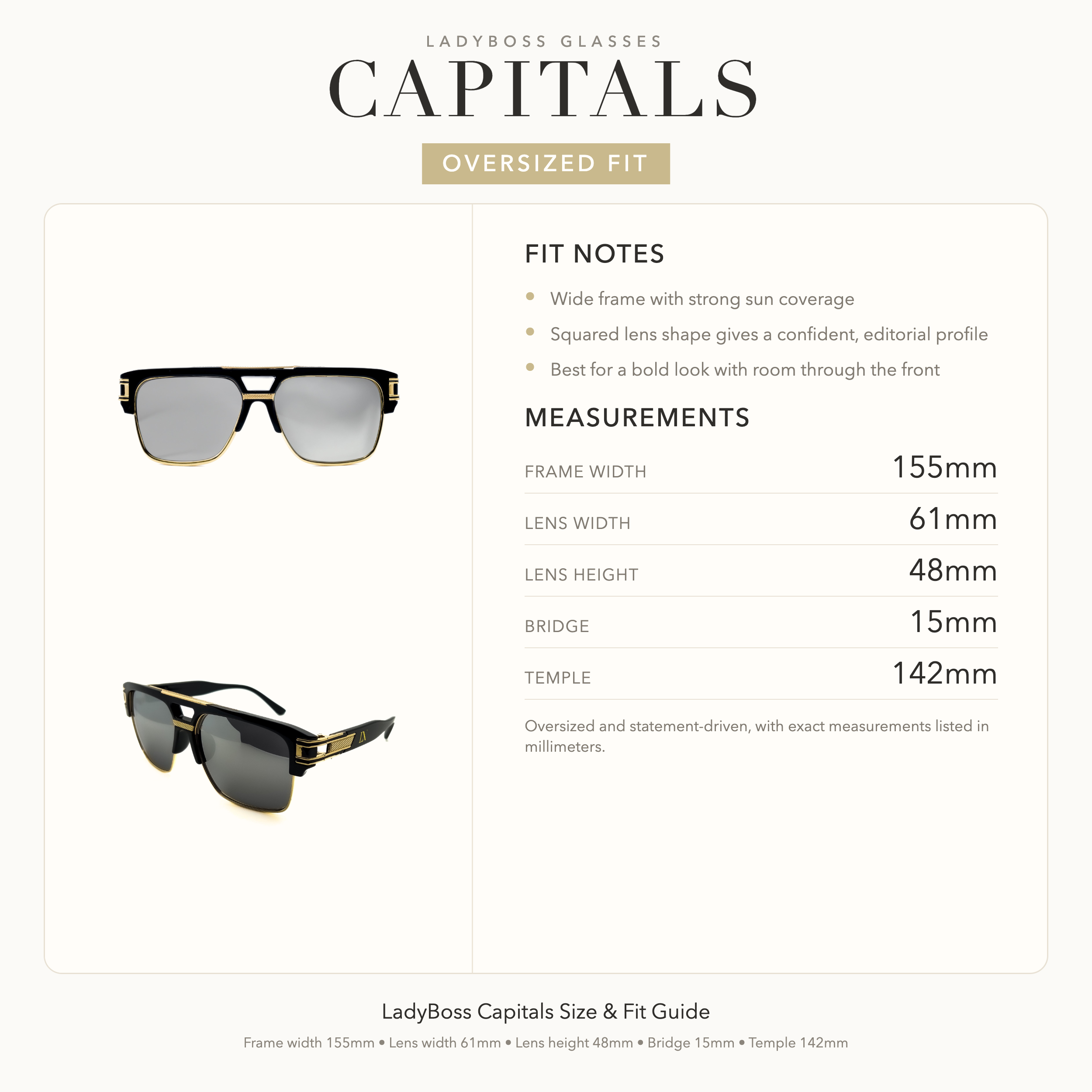 LadyBoss Capitals size, fit, and feel guide in Mirrored Black #frame color_mirrored black