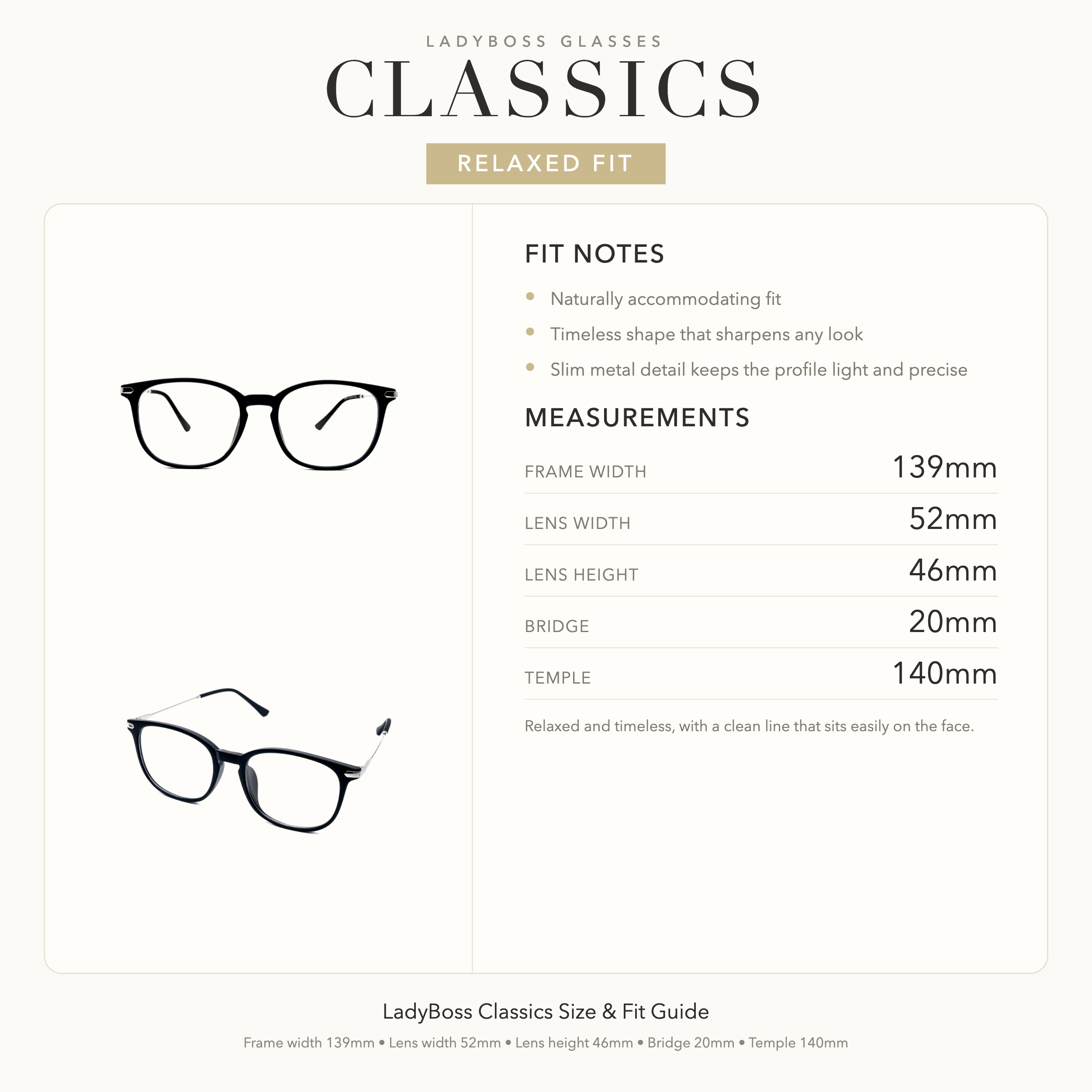 LadyBoss Classics size, fit, and feel guide in Matte Black & Silver Metal #frame color_Matte Black & Silver Metal