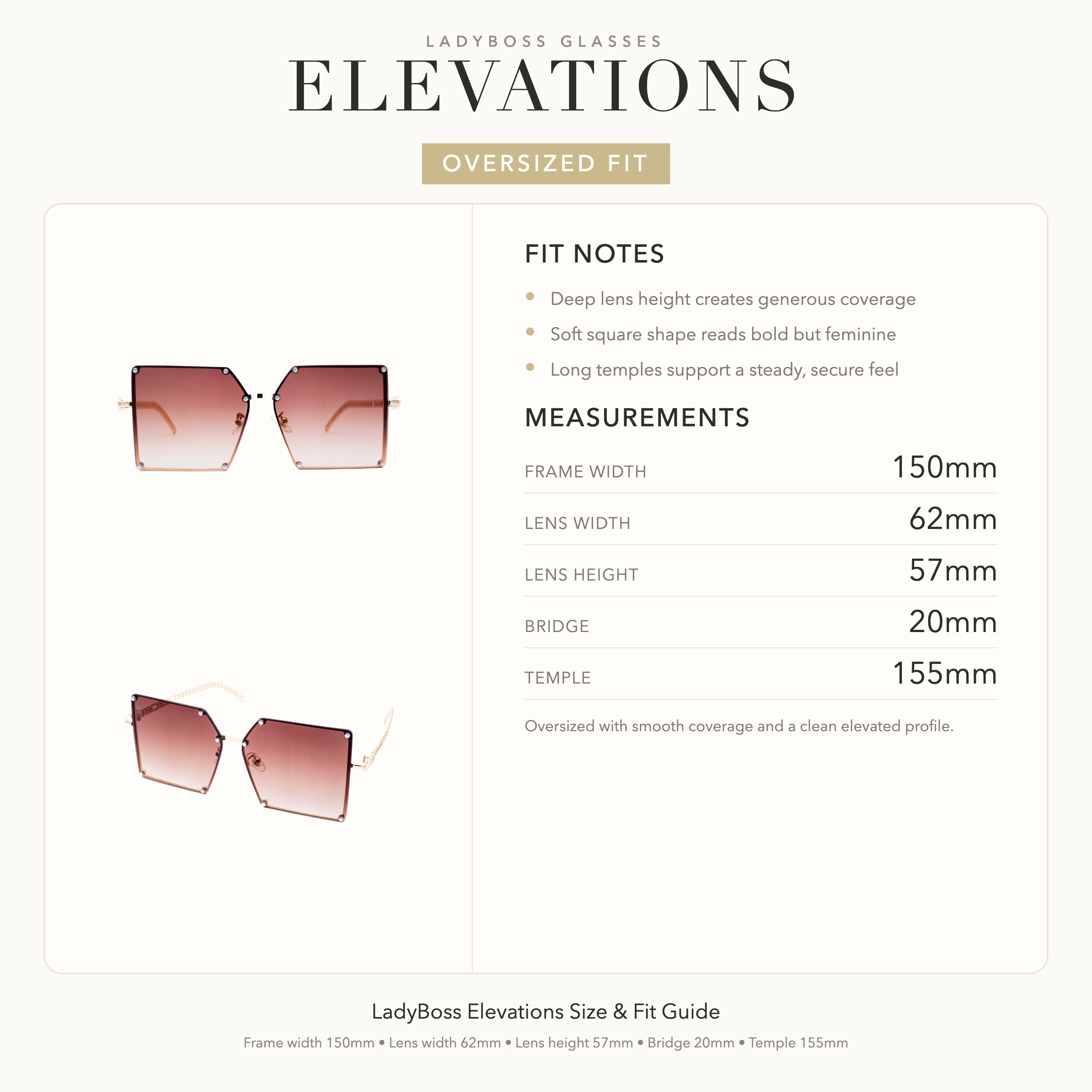 LadyBoss Elevations size, fit, and feel guide in Amber #frame color_amber