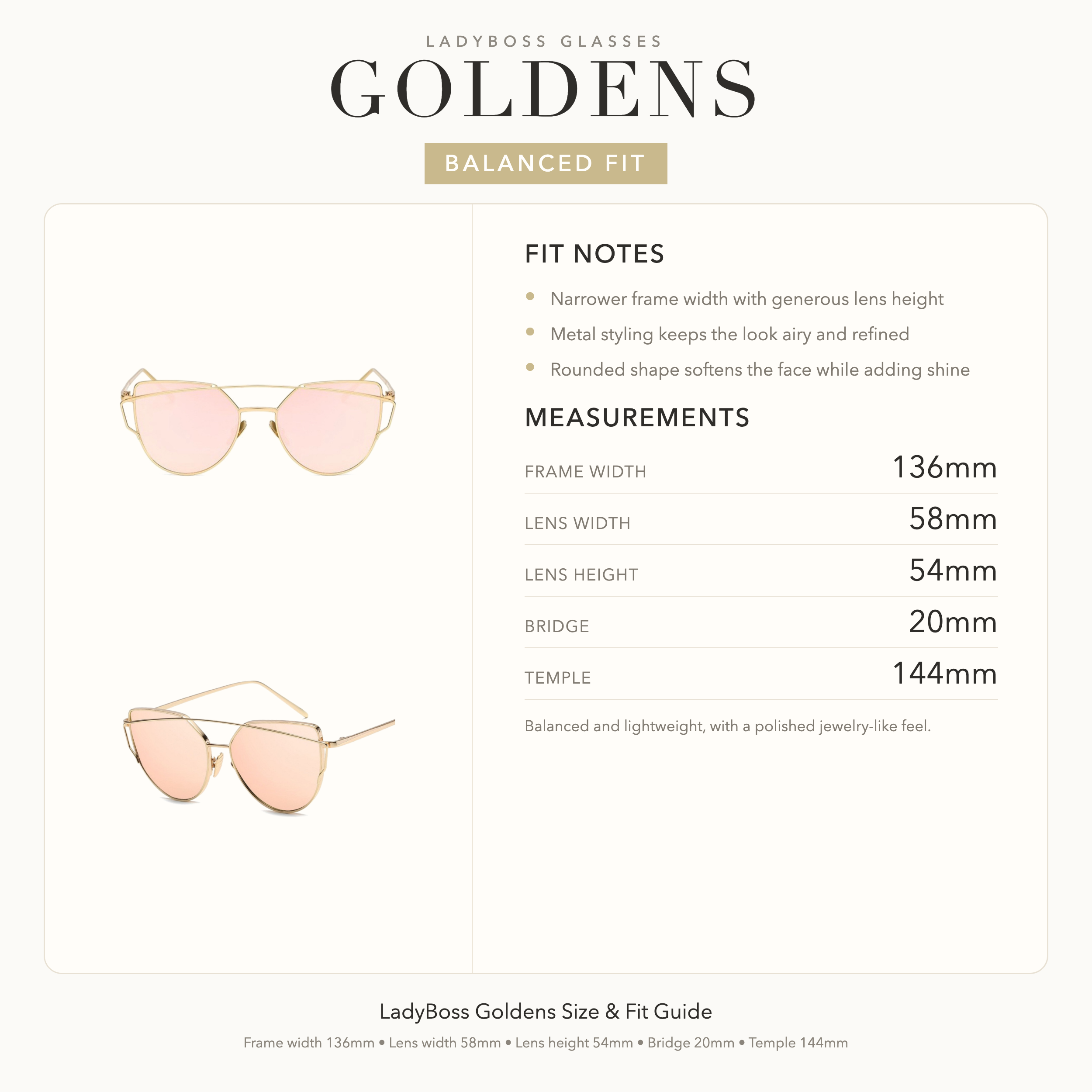 LadyBoss Goldens size, fit, and feel guide in Gold #frame color_gold