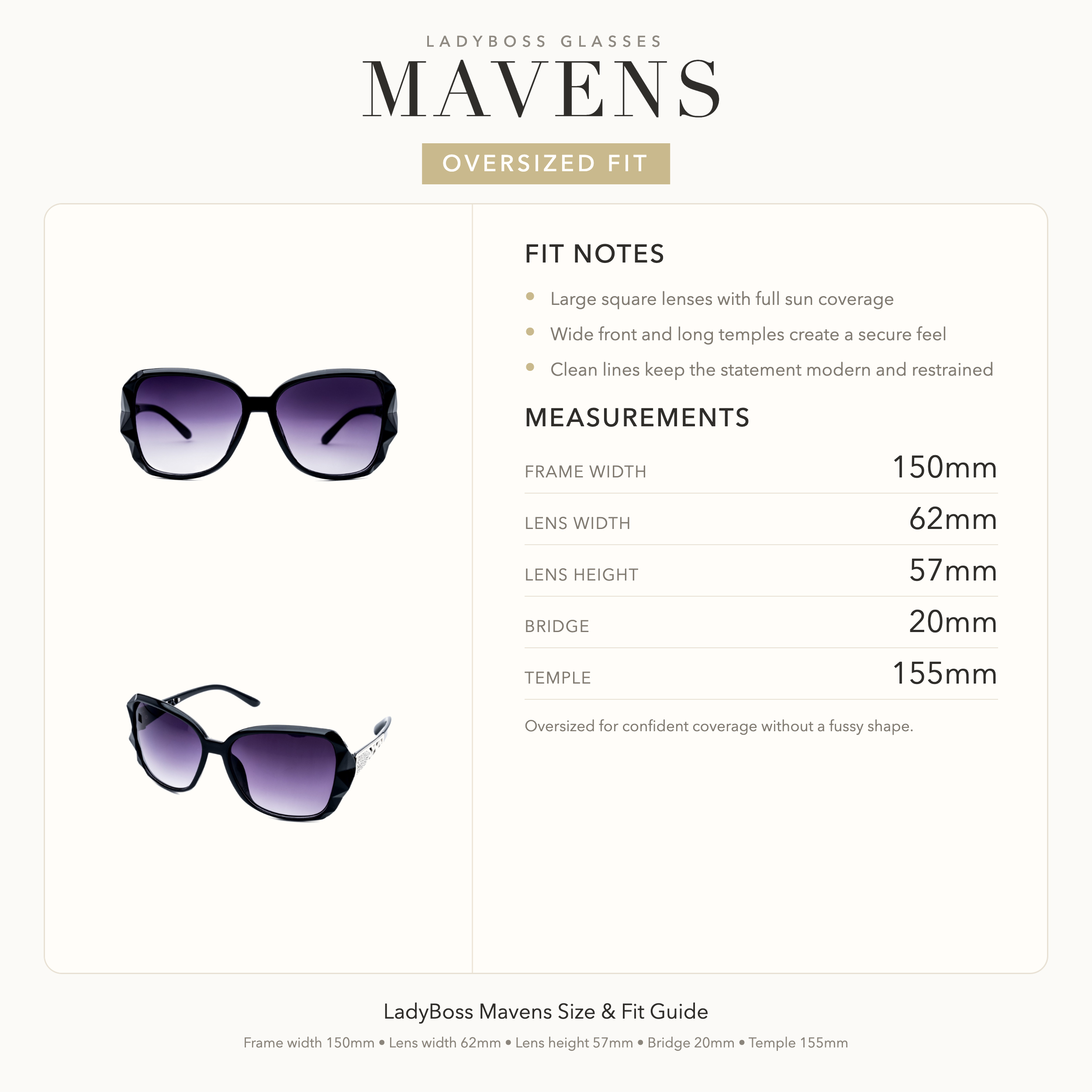 LadyBoss Mavens size, fit, and feel guide in Black #frame color_black