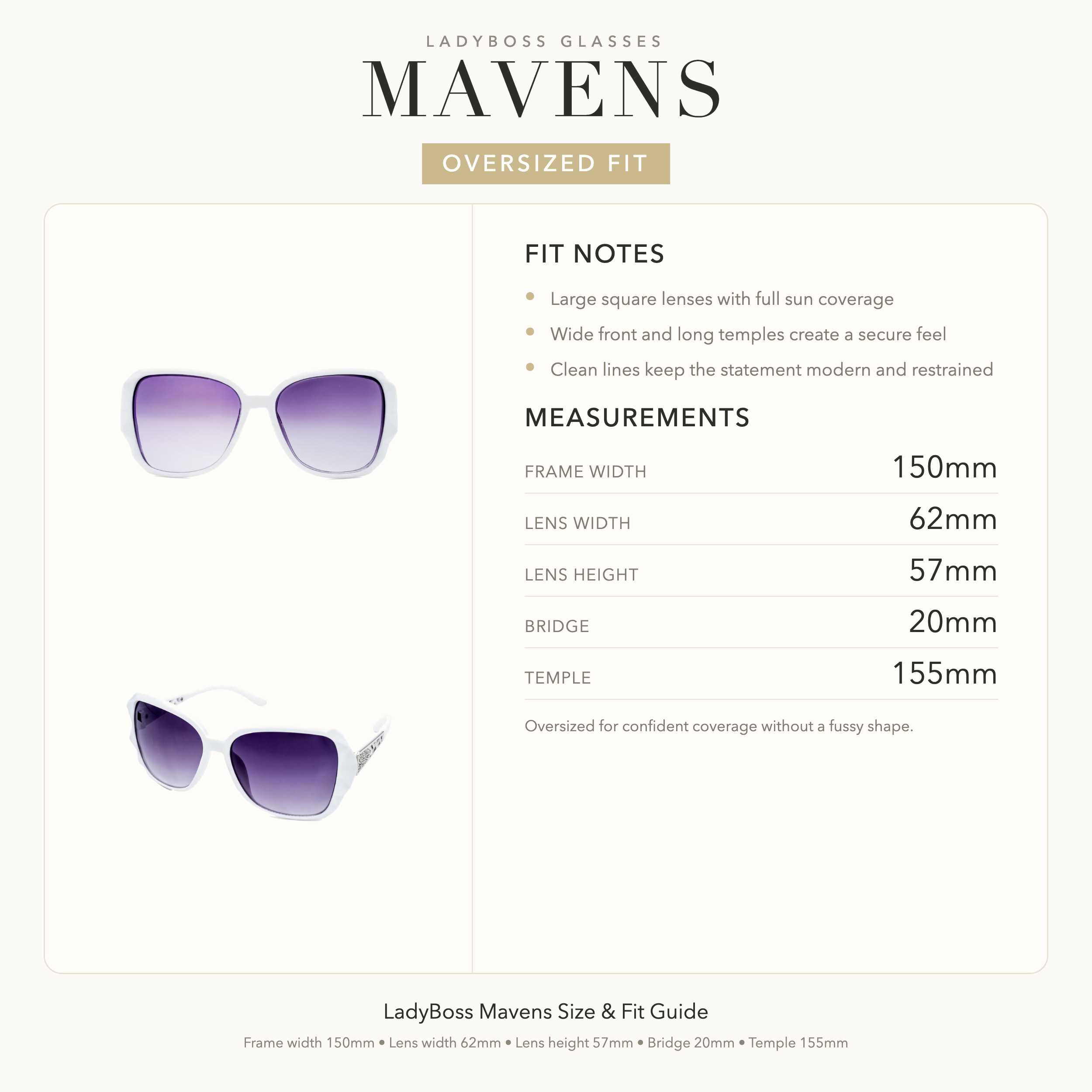 LadyBoss Mavens size, fit, and feel guide in White #frame color_white