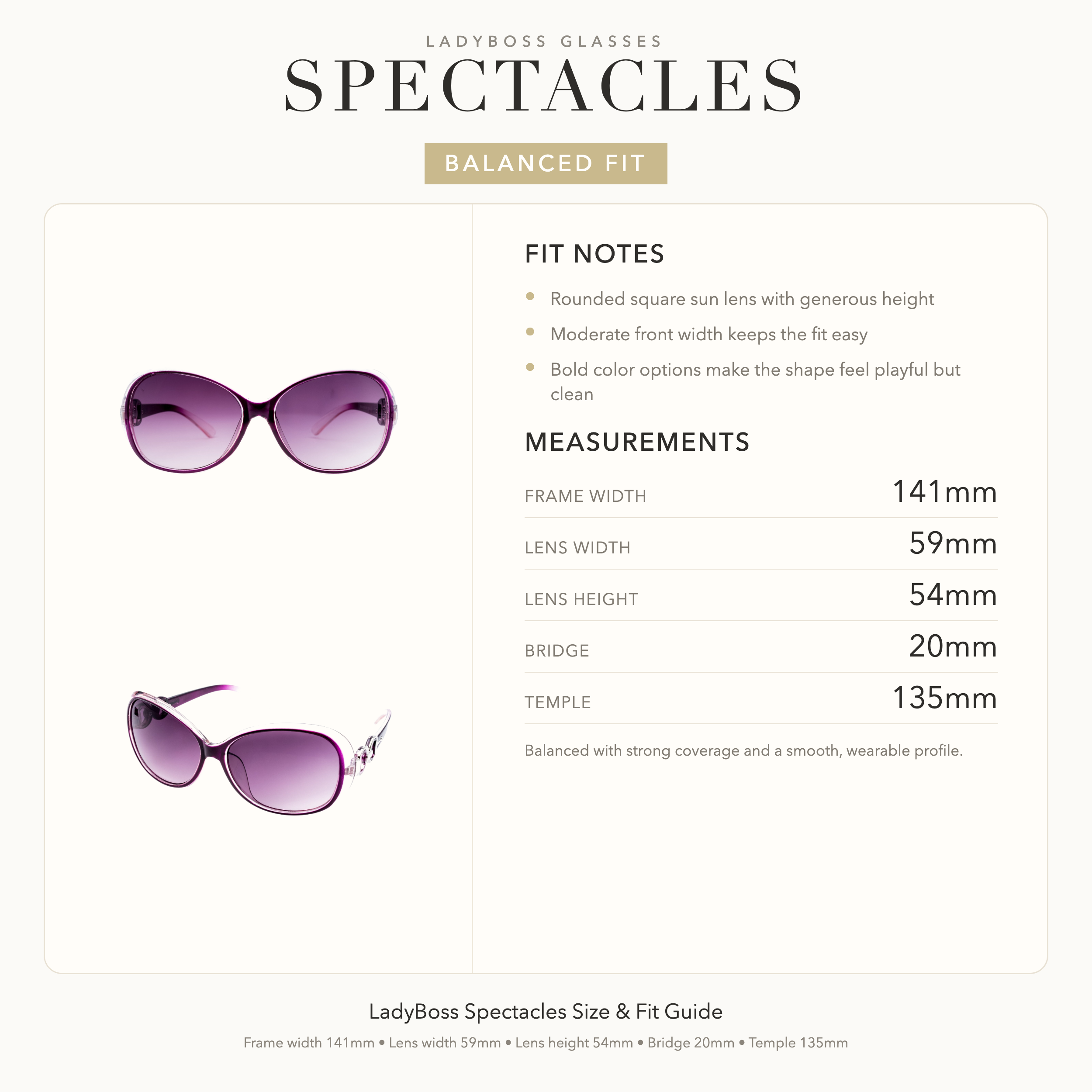 LadyBoss Spectacles size, fit, and feel guide in Violet #frame color_violet