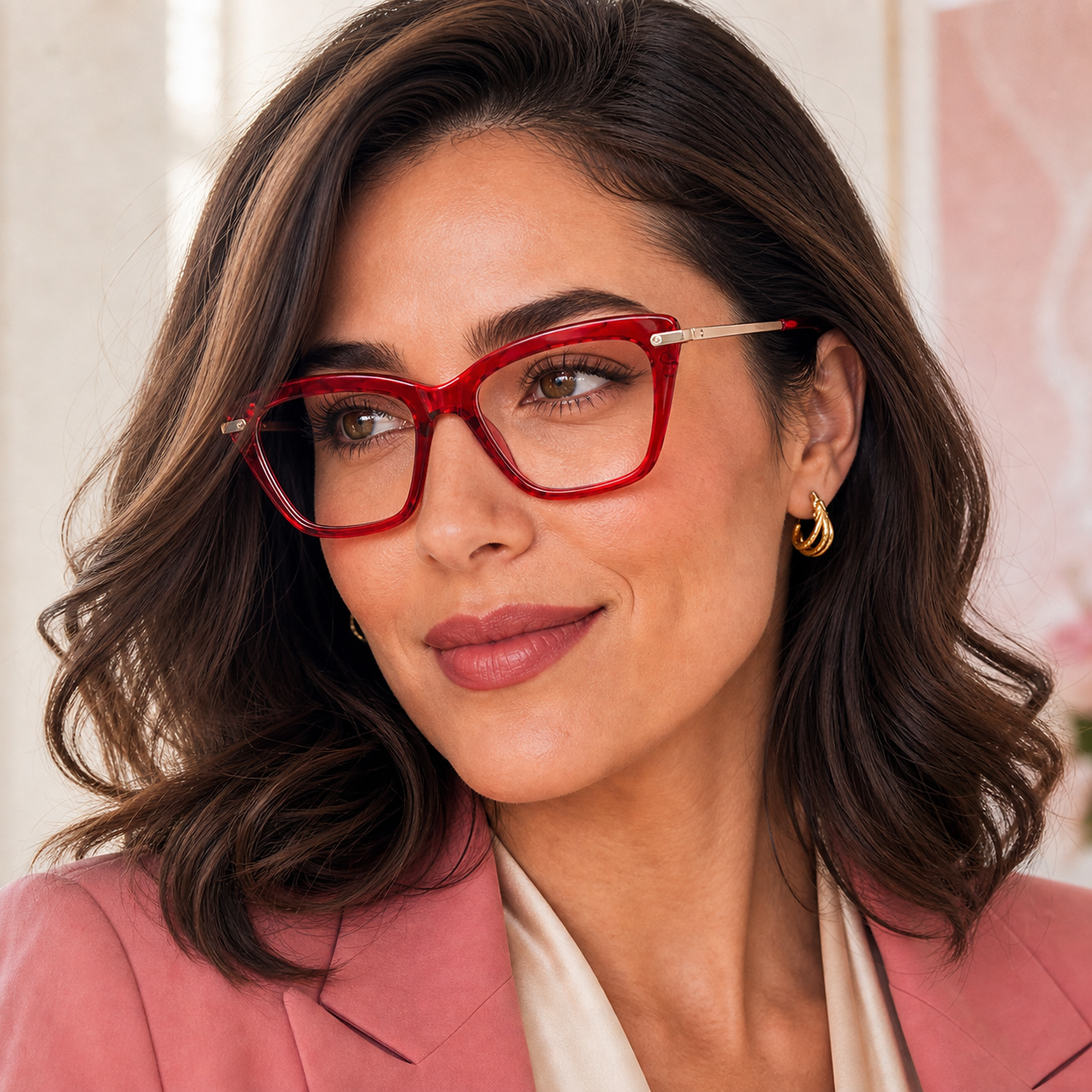Model wearing LadyBoss Savants eyeglasses in Hibiscus Crystal, close-up view #frame color_hibiscus crystal