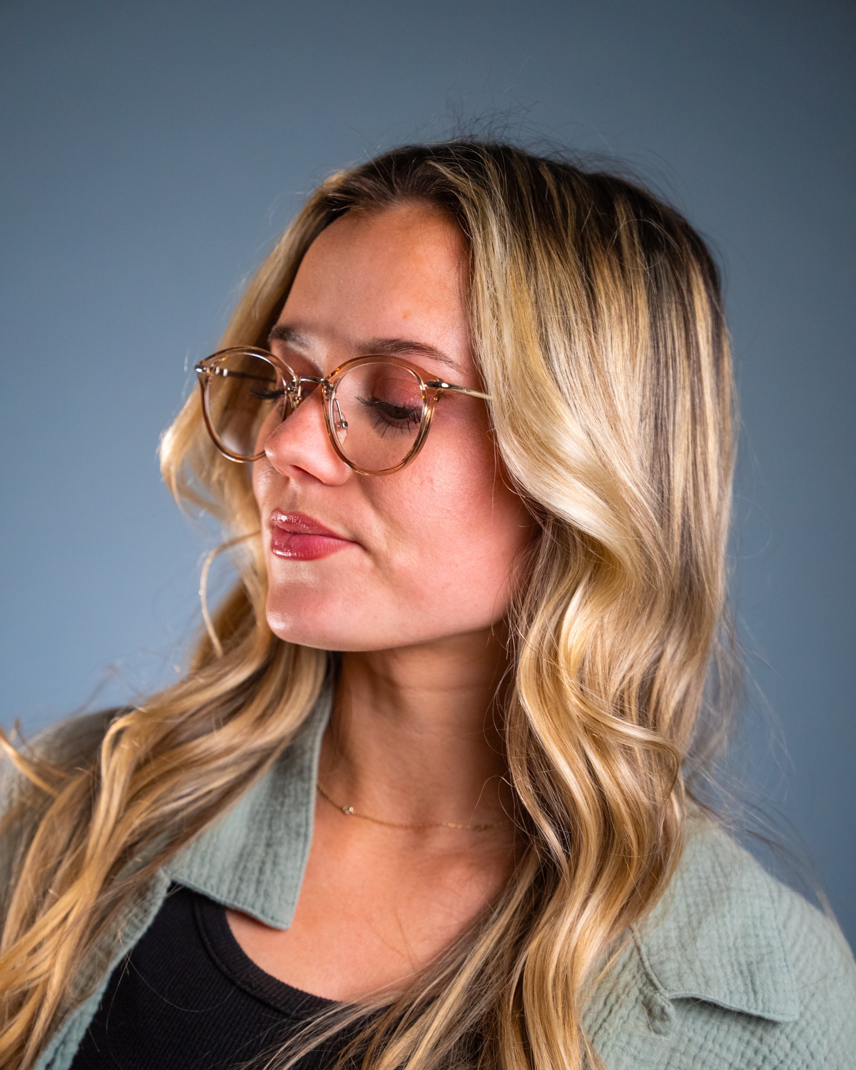 Model wearing LadyBoss Visionaries eyeglasses in Light Pink #frame color_light pink