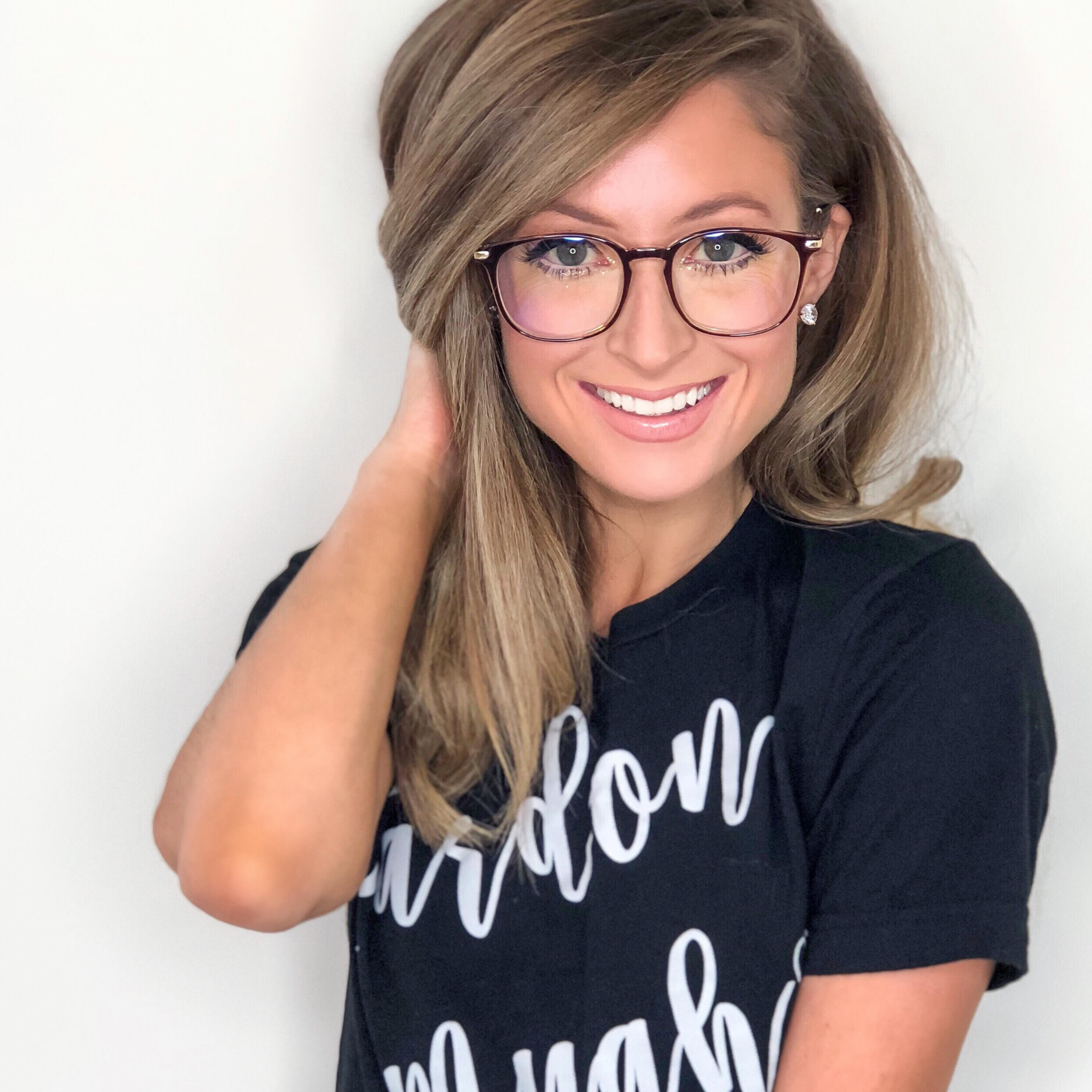 Front, centered view of model wearing LadyBoss Classics eyeglasses in Dark Rose #frame color_dark rose