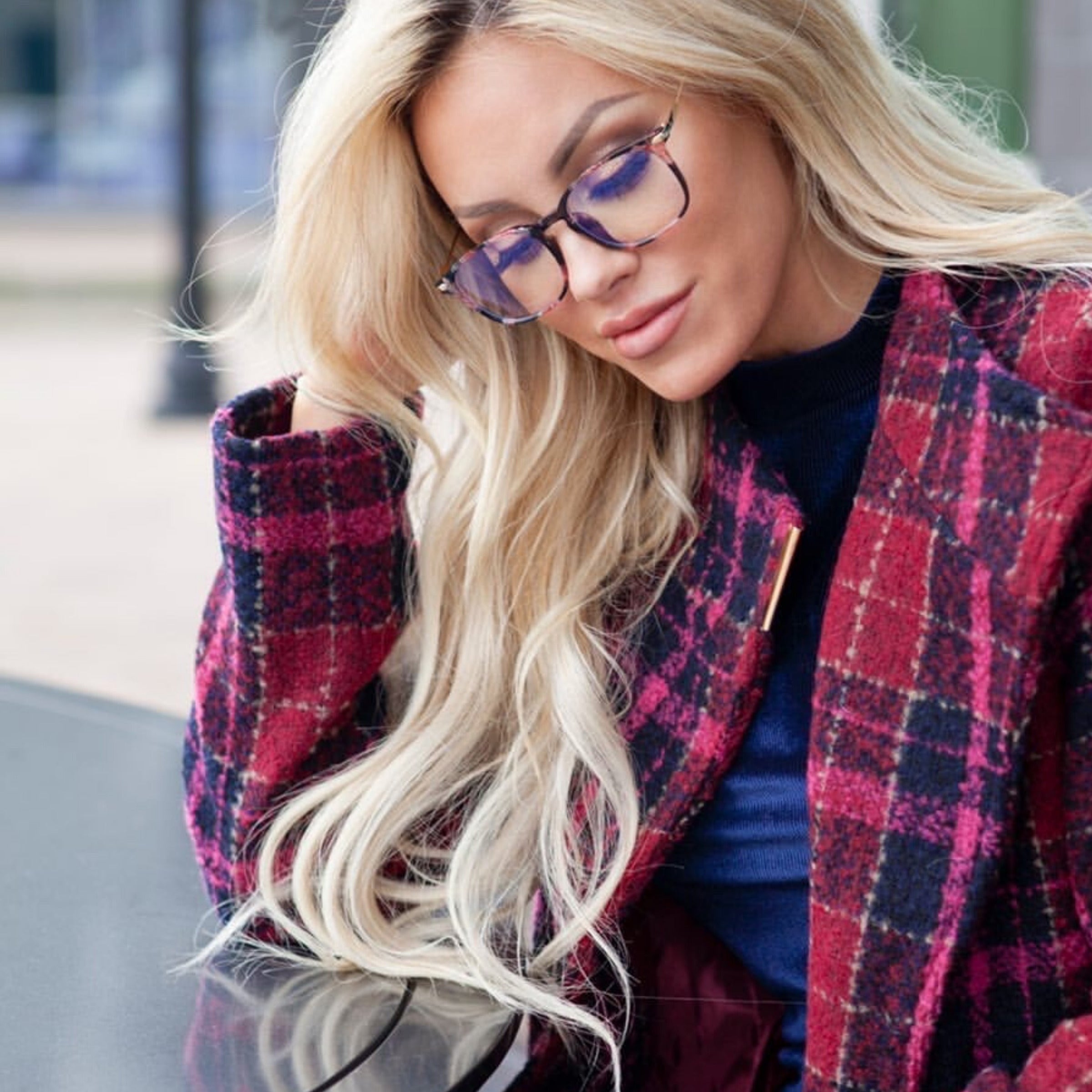 Woman outdoors wearing floral LadyBoss glasses