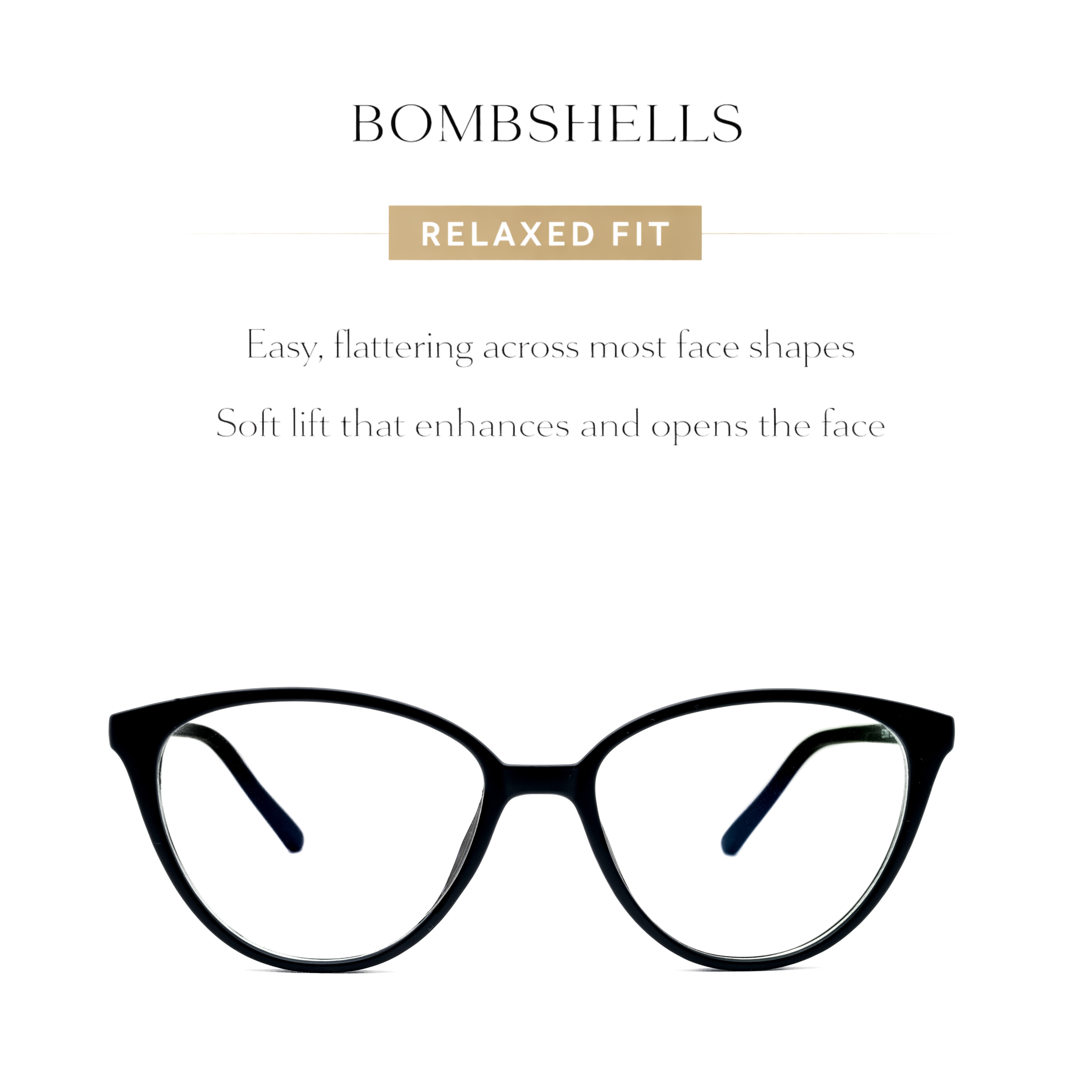 Black cat-eye glasses with promotional text on a white background