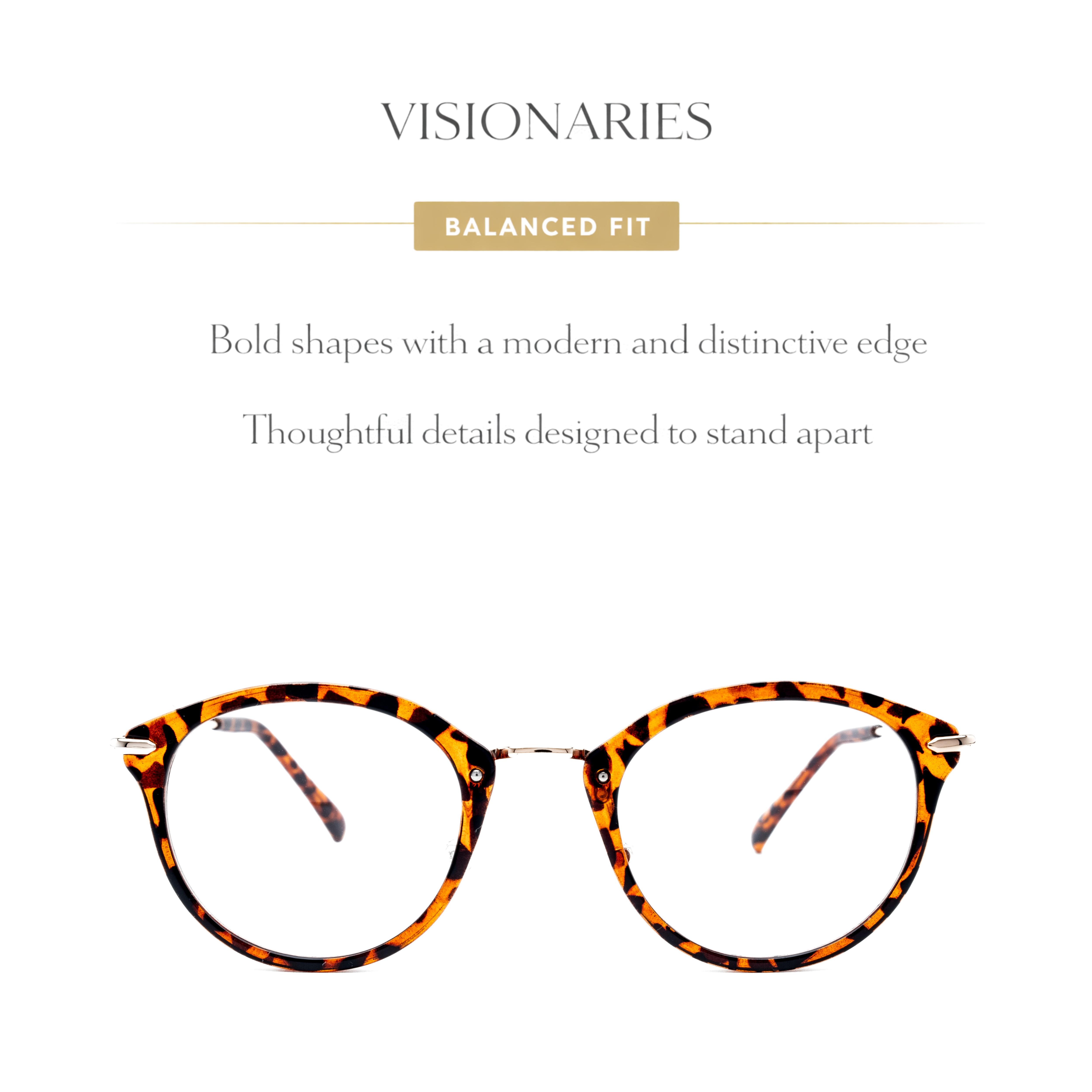 Tortoiseshell eyeglasses with 'Visionaries' branding on a white background