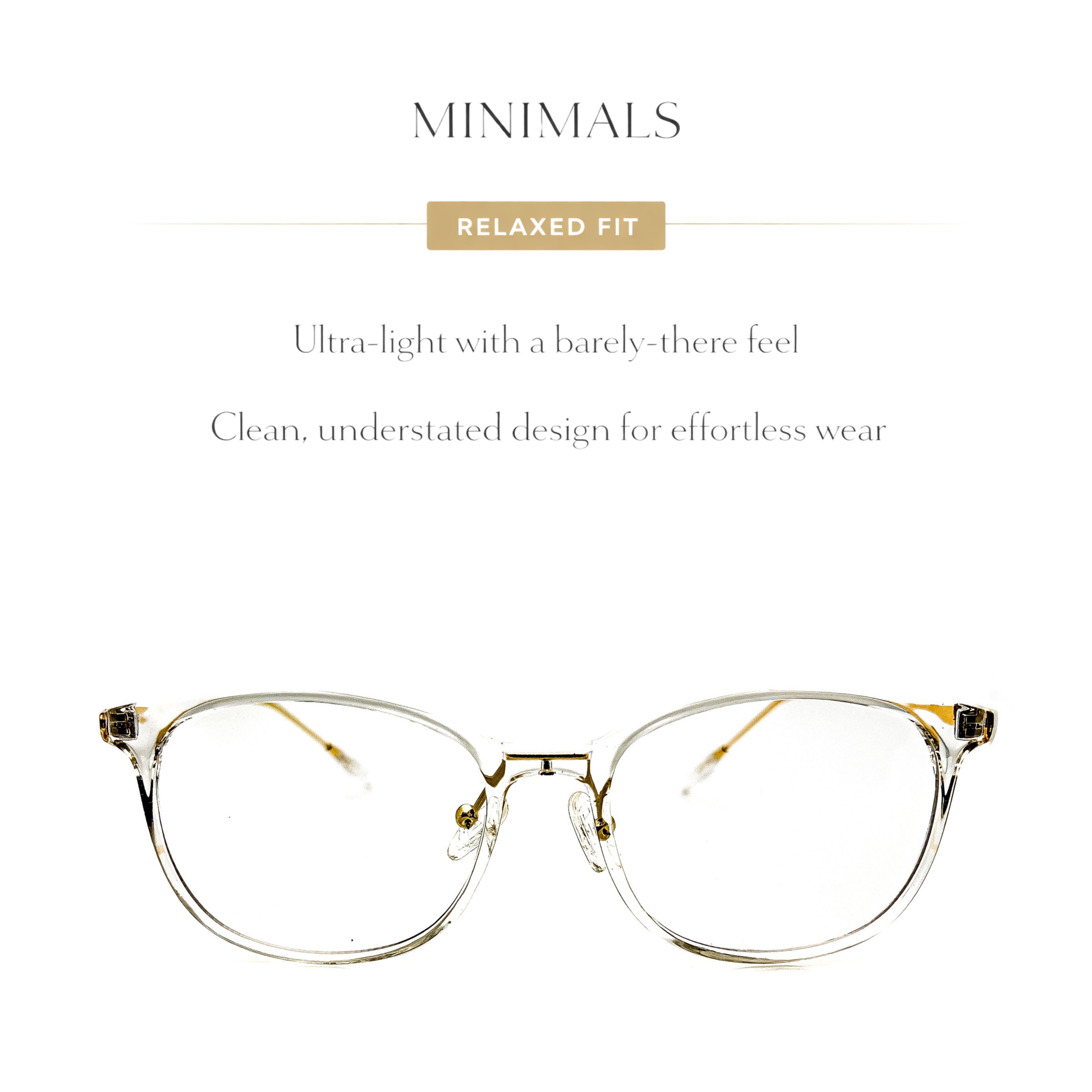 LadyBoss Minimals eyeglasses in Crystal Clear, front view with product details #frame color_crystal clear
