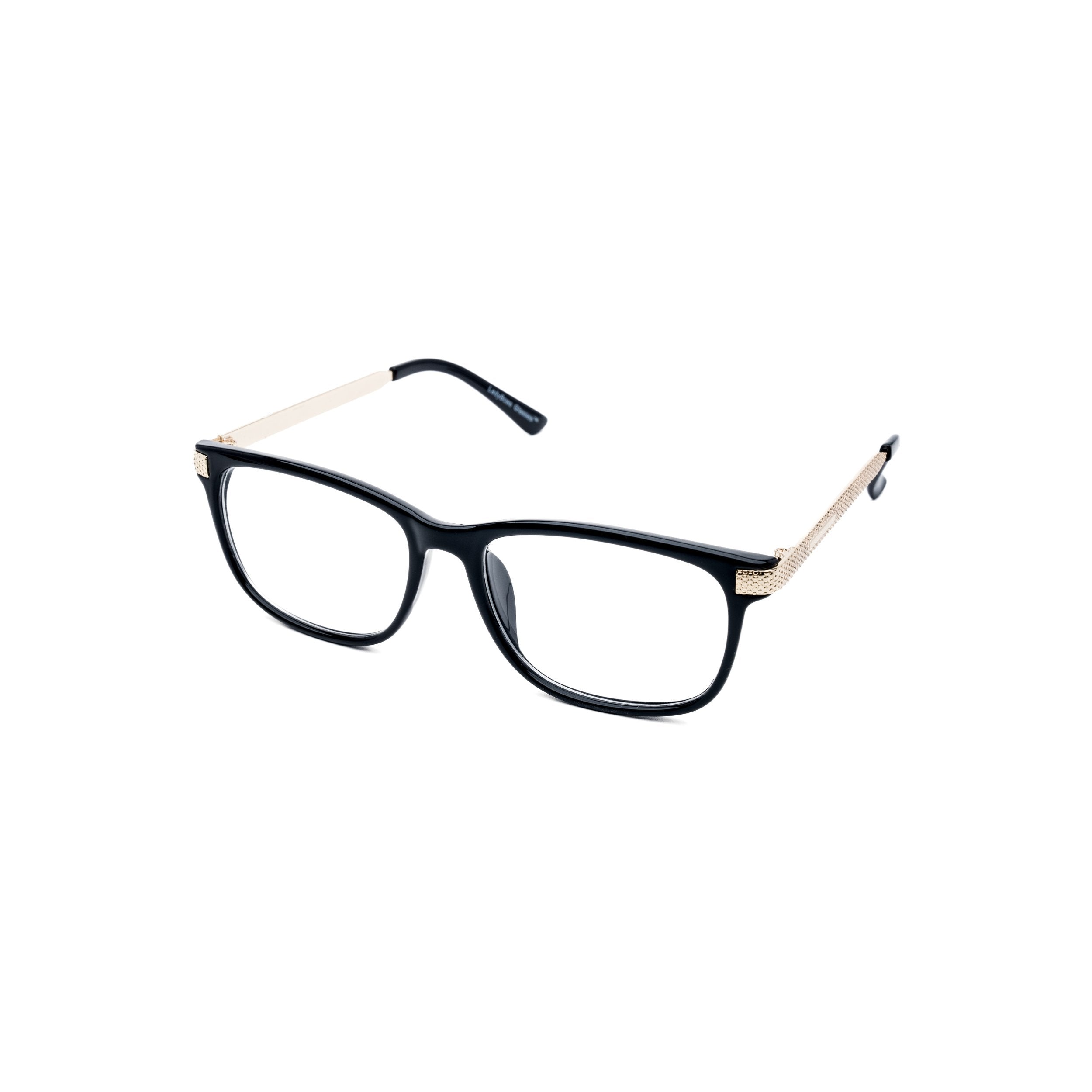 LadyBoss Dimensions eyeglasses in Black, angled view #frame color_Black