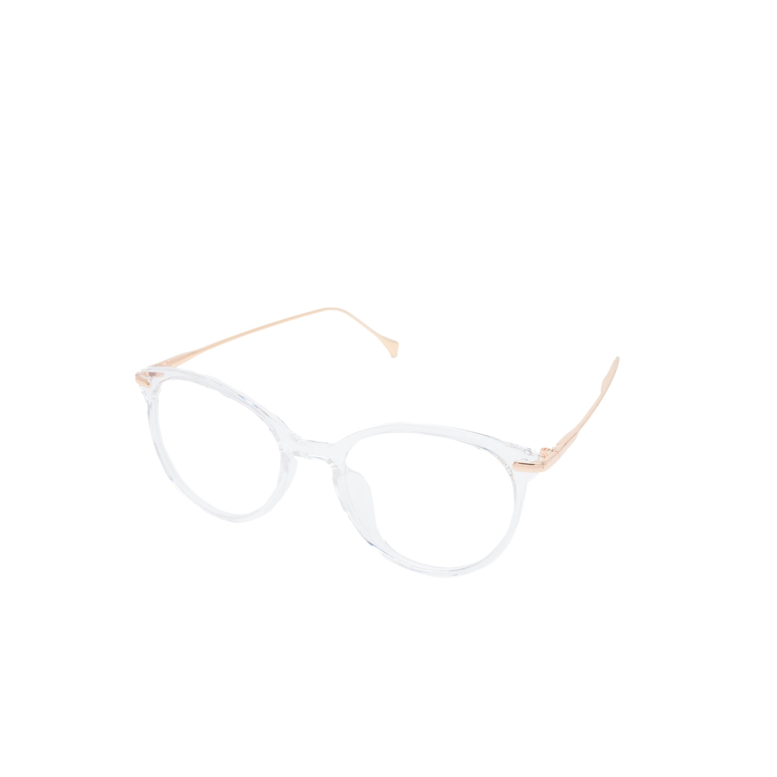 LadyBoss Icons eyeglasses in Clear & Gold Metal, angled view #frame color_clear & gold metal