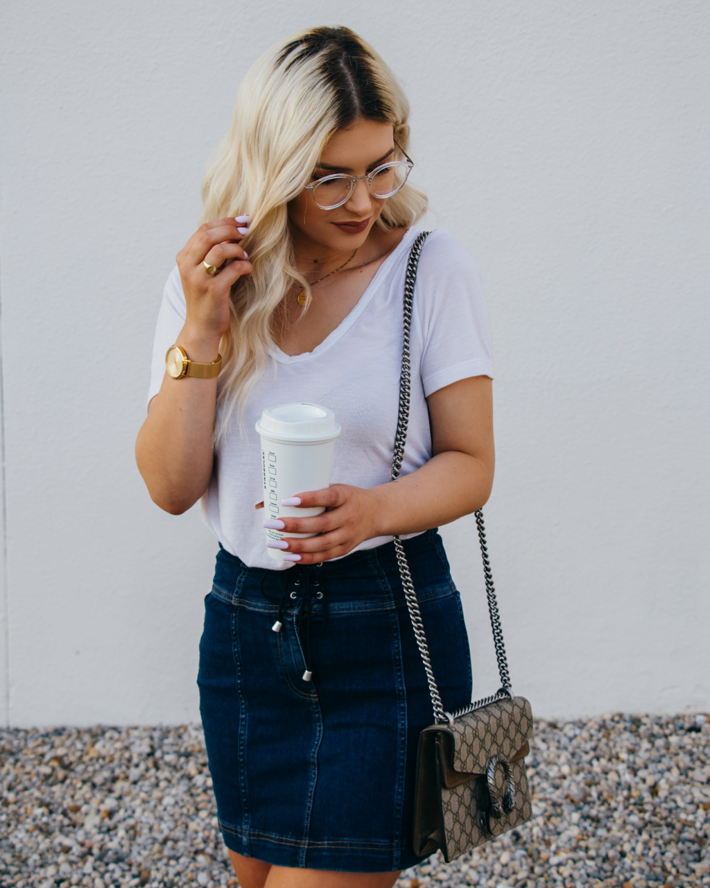 Model wearing LadyBoss Visionaries eyeglasses in Crystal Clear #frame color_crystal clear