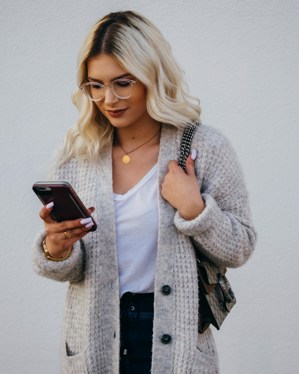 Model wearing LadyBoss Visionaries eyeglasses in Crystal Clear #frame color_crystal clear