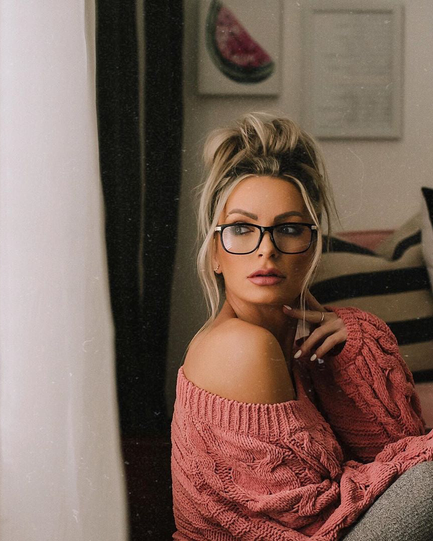 Model wearing LadyBoss Dimensions eyeglasses in Black #frame color_black