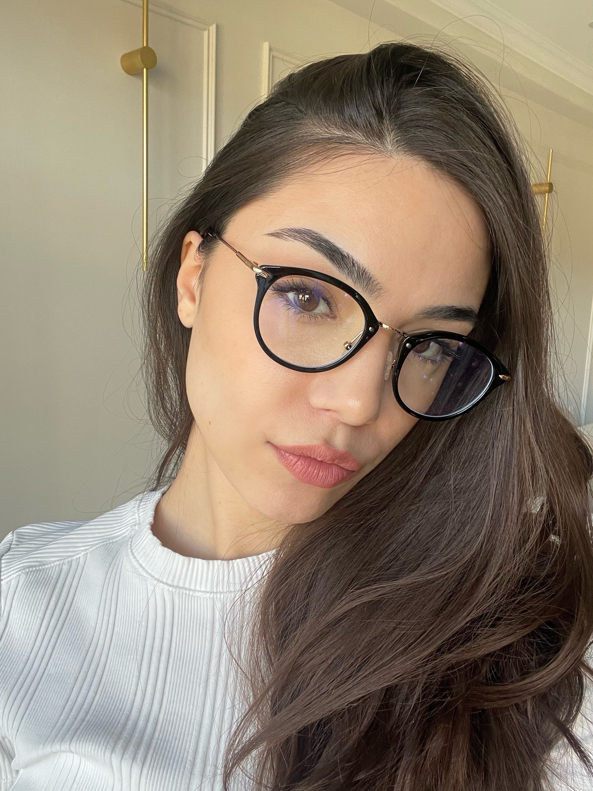 Model wearing LadyBoss Visionaries eyeglasses in Black #frame color_black