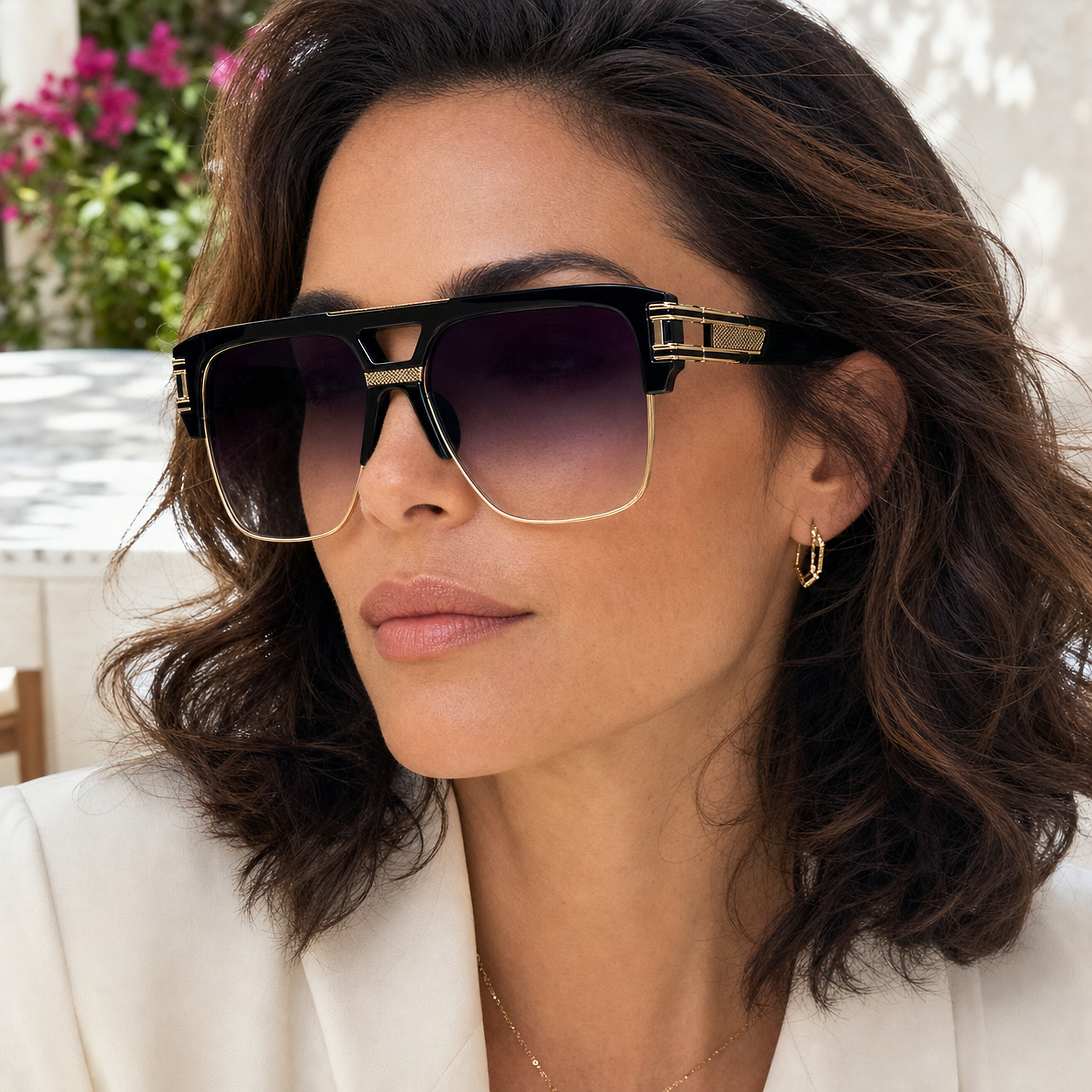 Model wearing LadyBoss Capitals sunglasses in Faded Black, close-up view #frame color_faded black