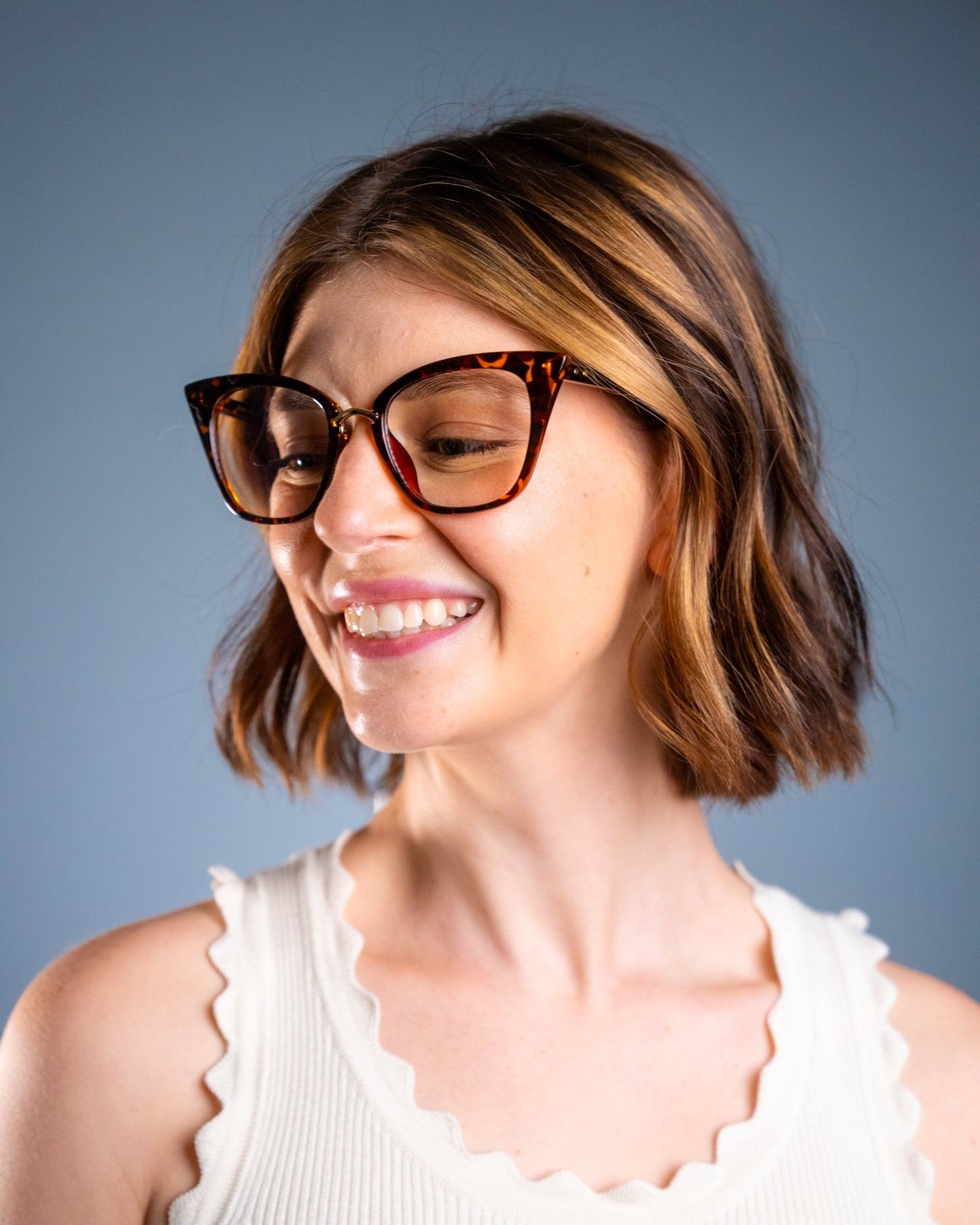 Model wearing LadyBoss Ethereals eyeglasses in Leopard