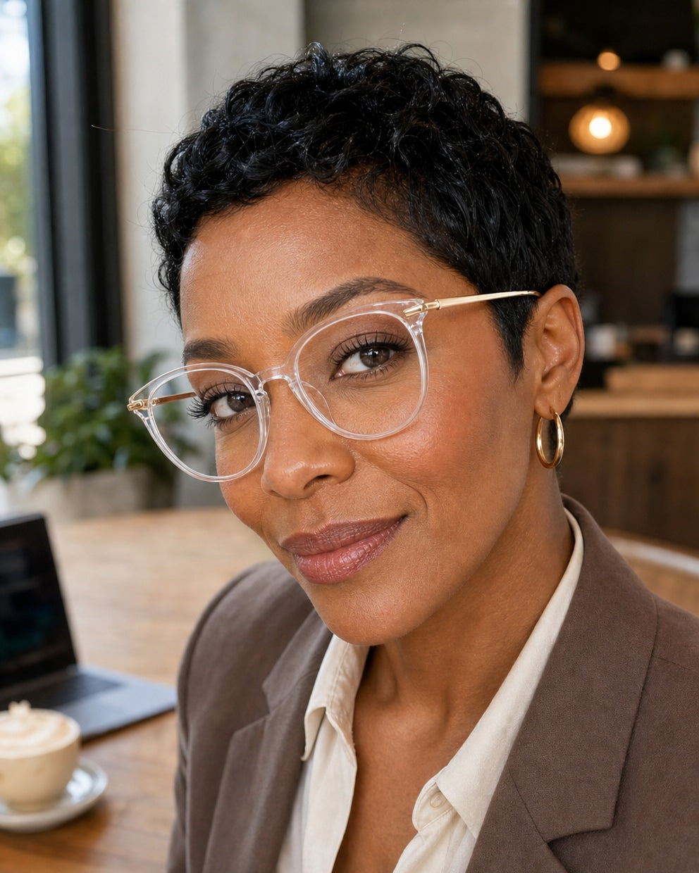 Model wearing LadyBoss Icons eyeglasses in Clear & Gold Metal, close-up view #frame color_clear & gold metal