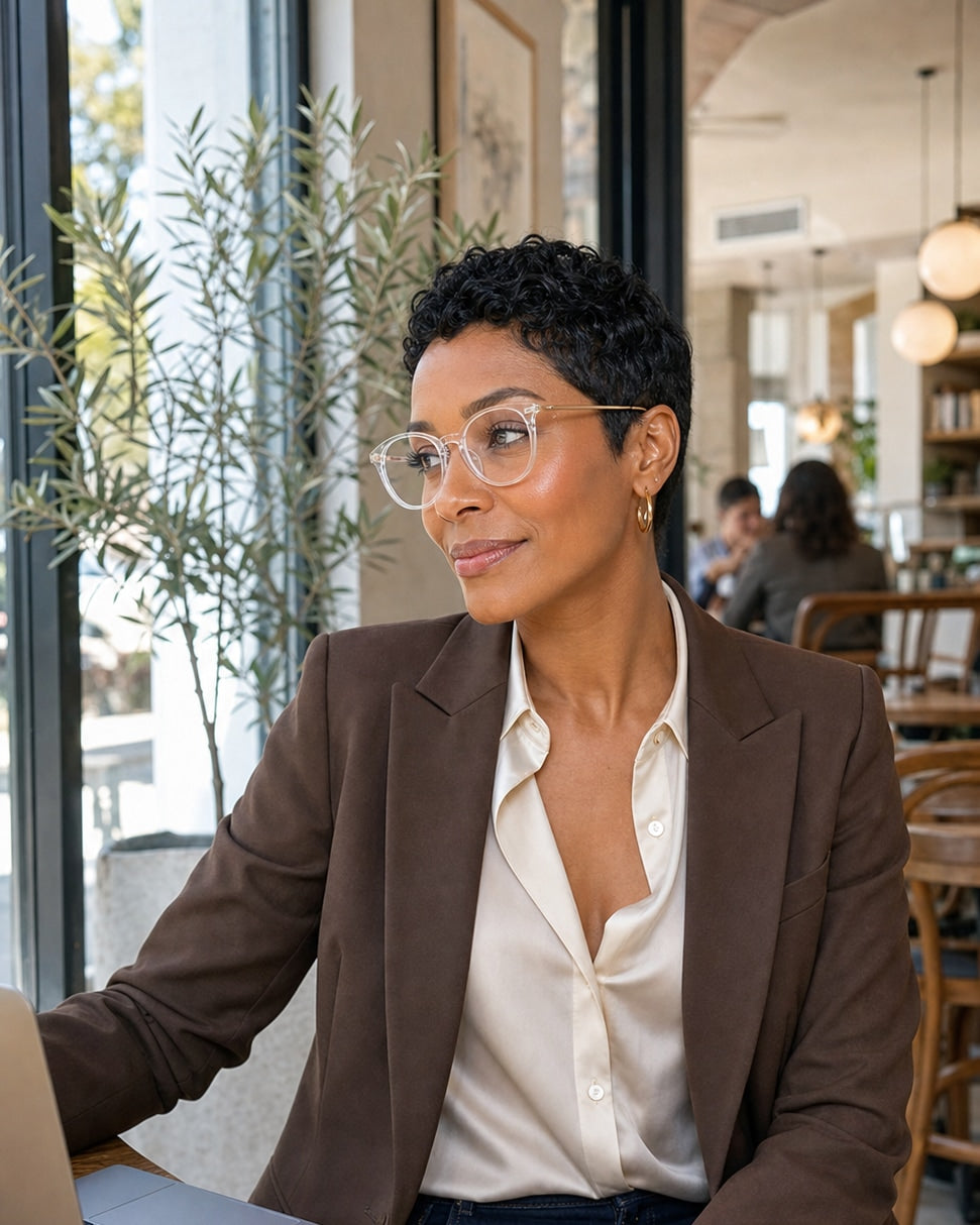 Model wearing LadyBoss Icons eyeglasses in Clear & Gold Metal, wide-angle view #frame color_clear & gold metal