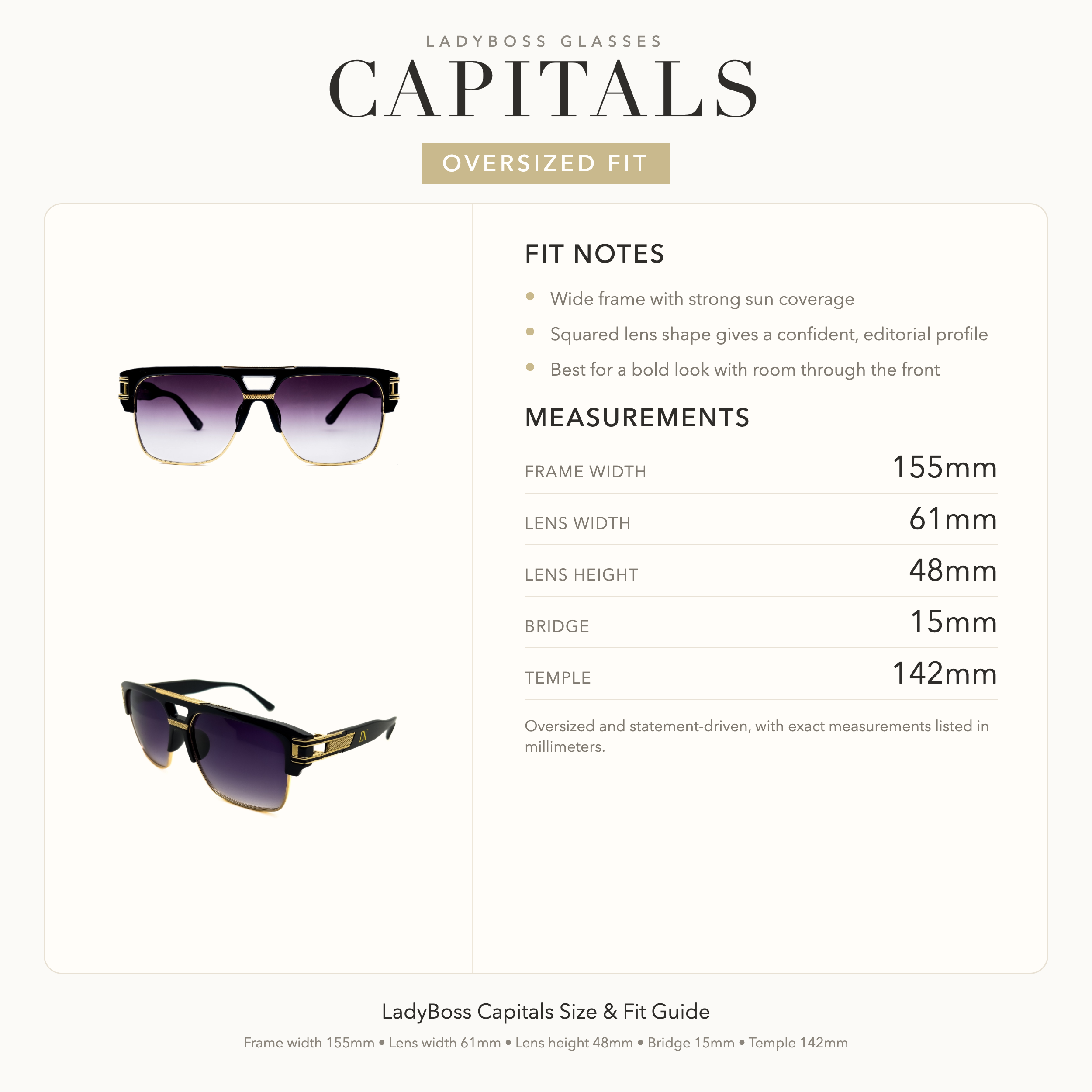 LadyBoss Capitals size, fit, and feel guide in Faded Black #frame color_faded black