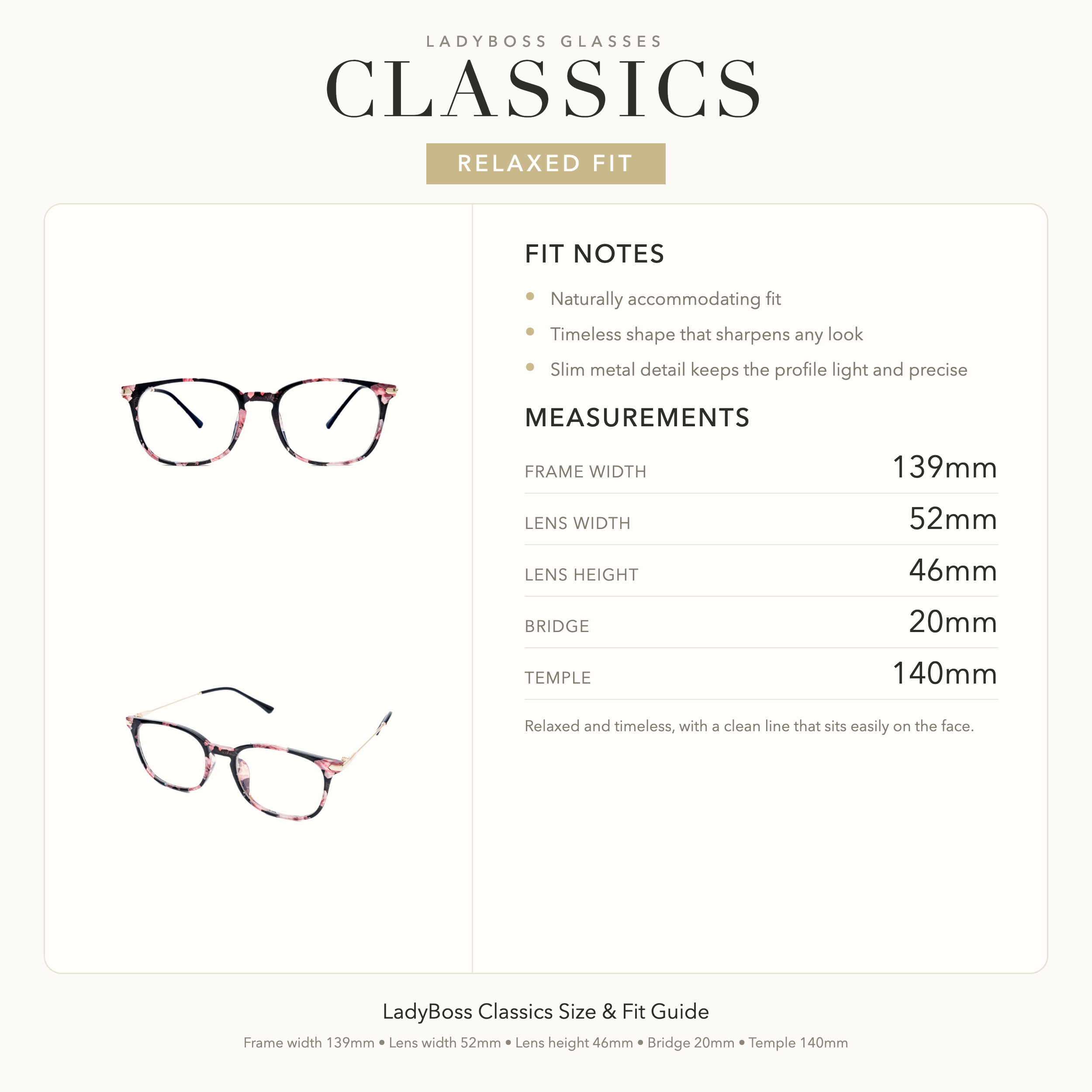 LadyBoss Classics size, fit, and feel guide in Floral #frame color_floral