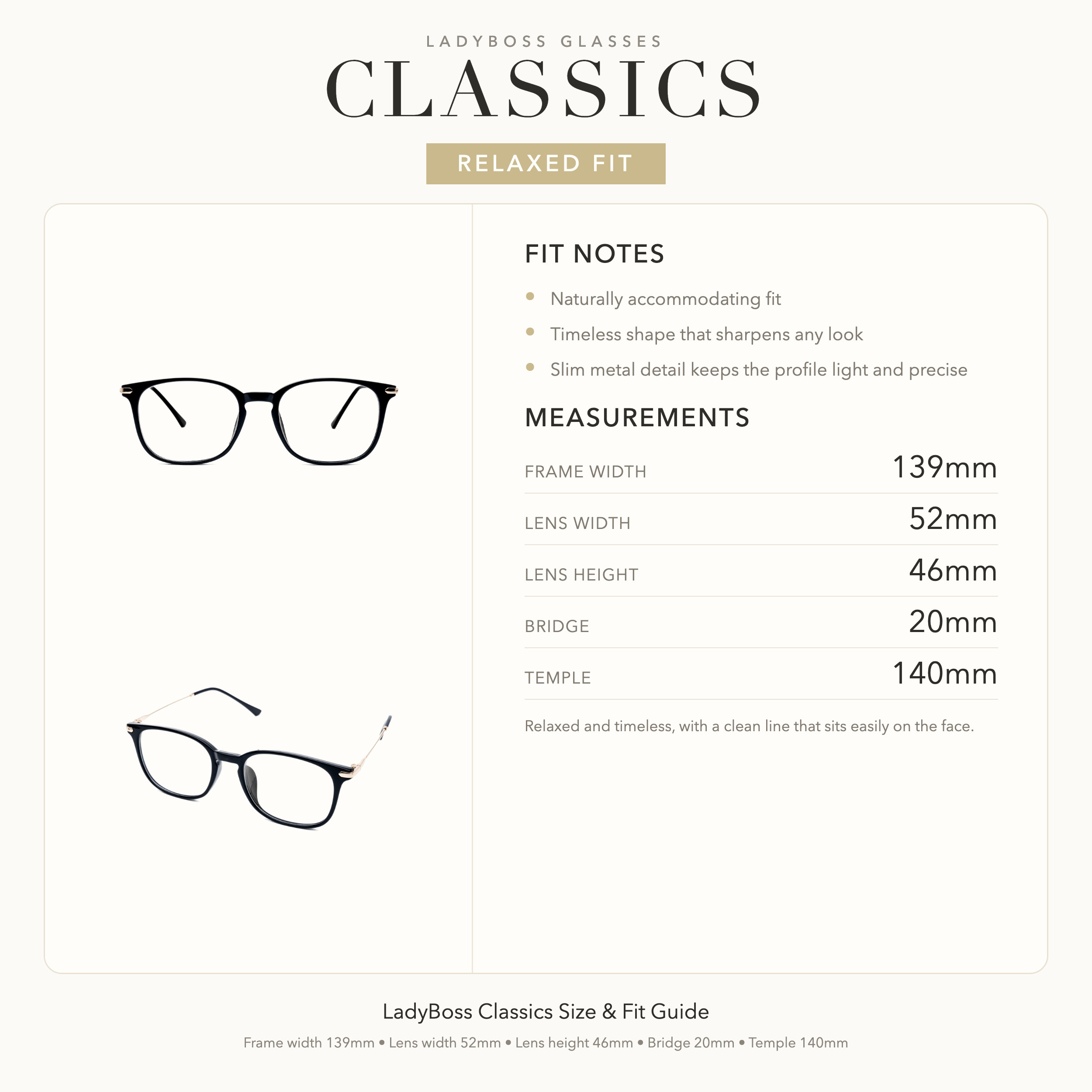 LadyBoss Classics size, fit, and feel guide in Glossy Black & Gold Metal #frame color_Glossy Black & Gold Metal
