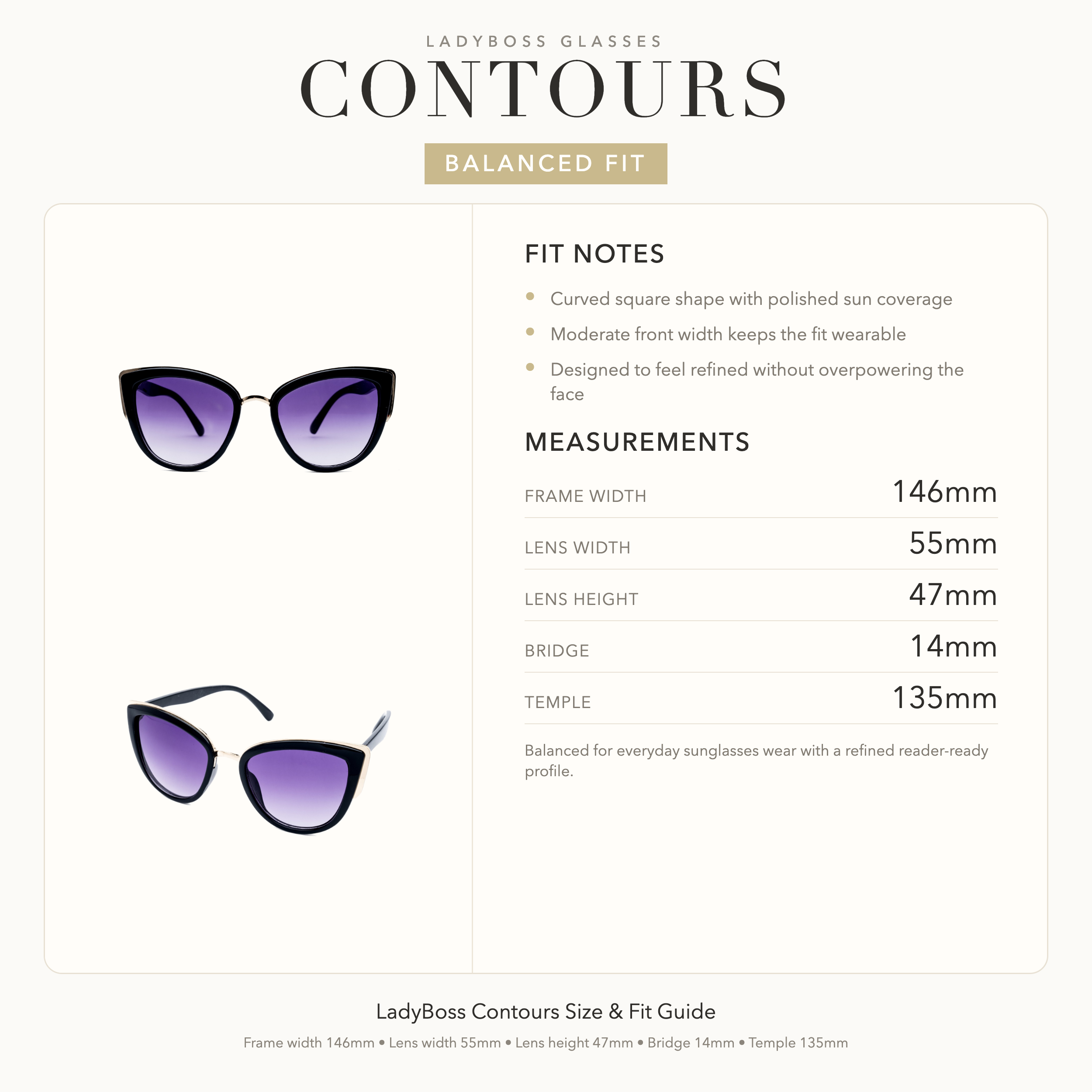 LadyBoss Contours size, fit, and feel guide in Black #frame color_black