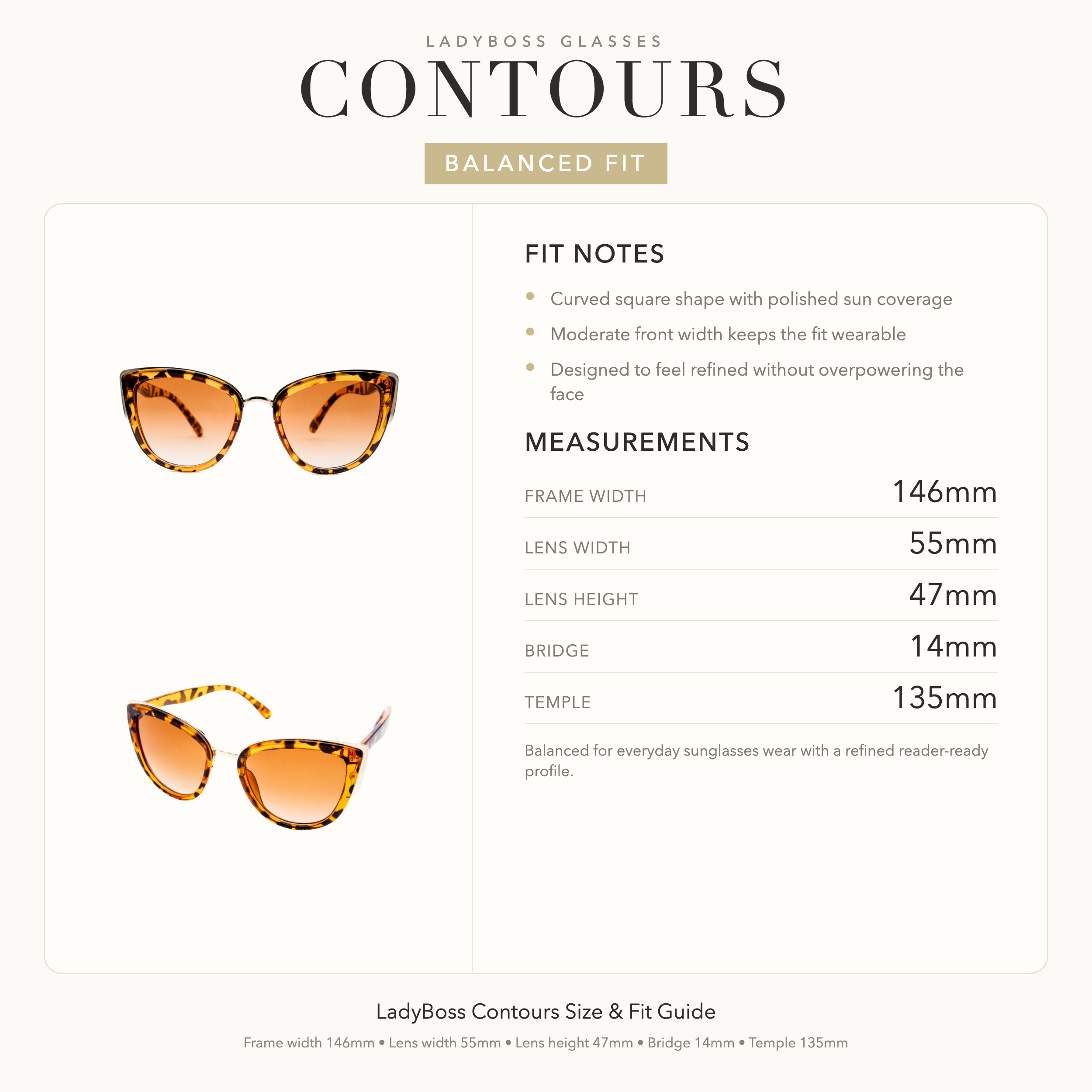 LadyBoss Contours size, fit, and feel guide in Leopard #frame color_leopard