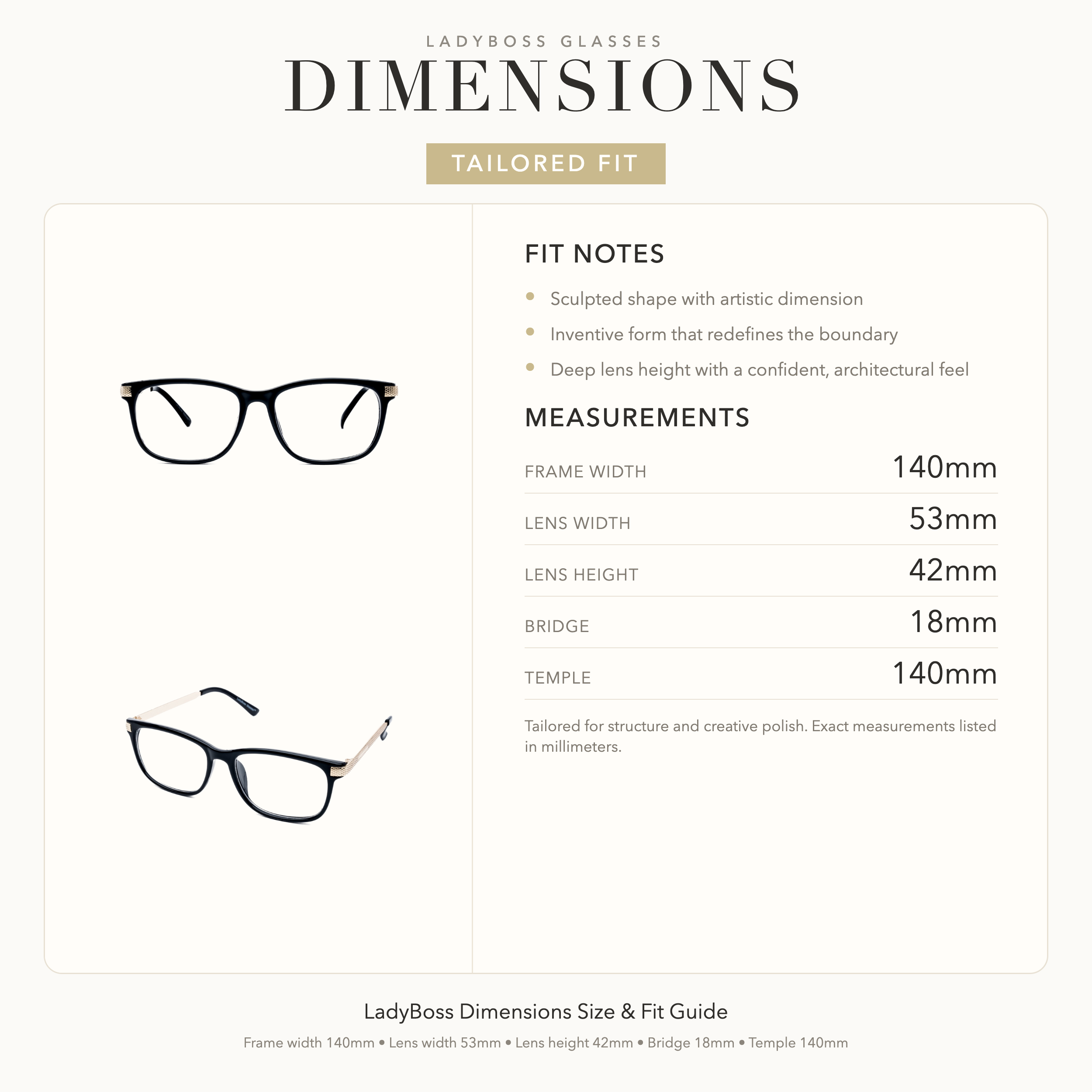 LadyBoss Dimensions size, fit, and feel guide in Black #frame color_Black
