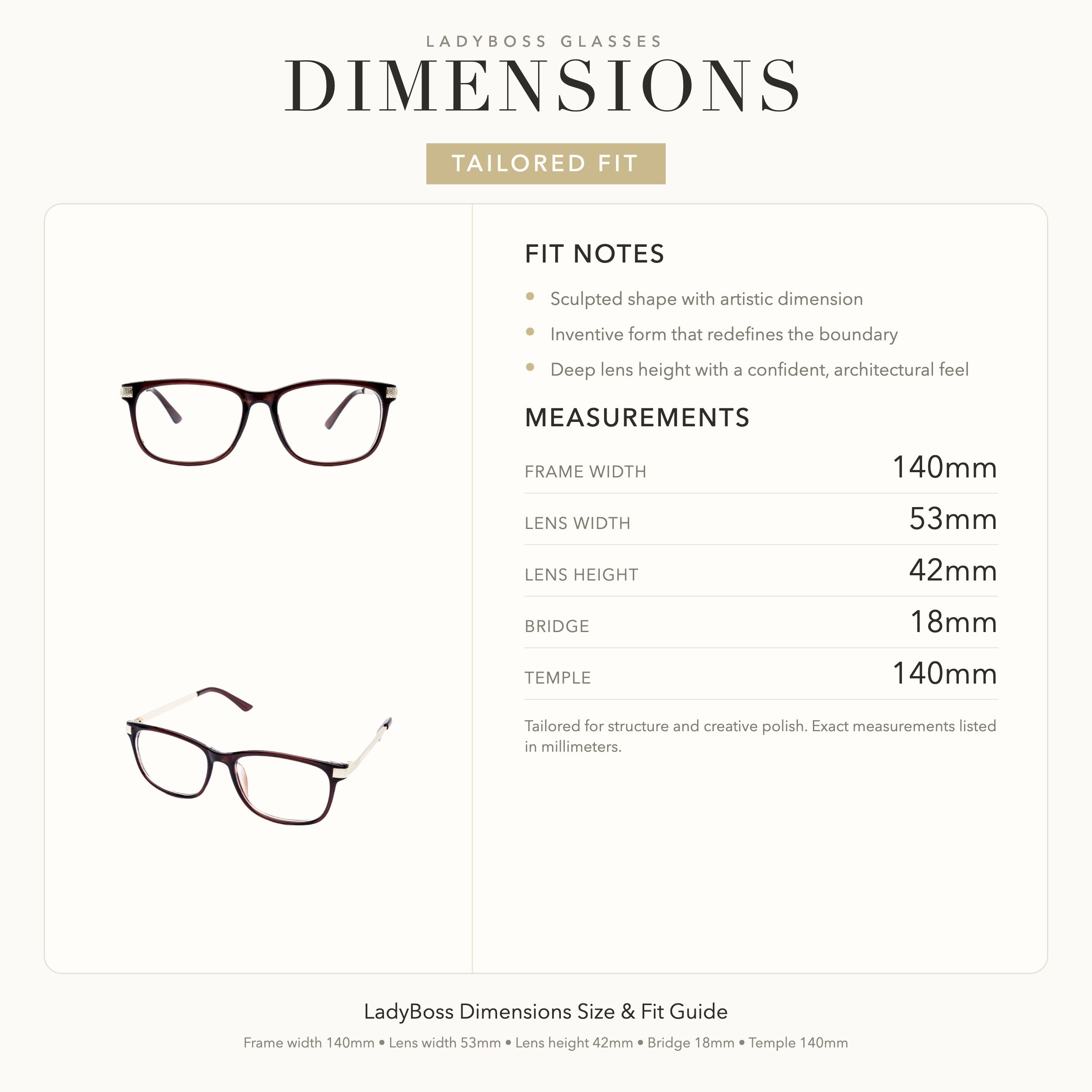LadyBoss Dimensions size, fit, and feel guide in Earth Brown #frame color_Earth Brown