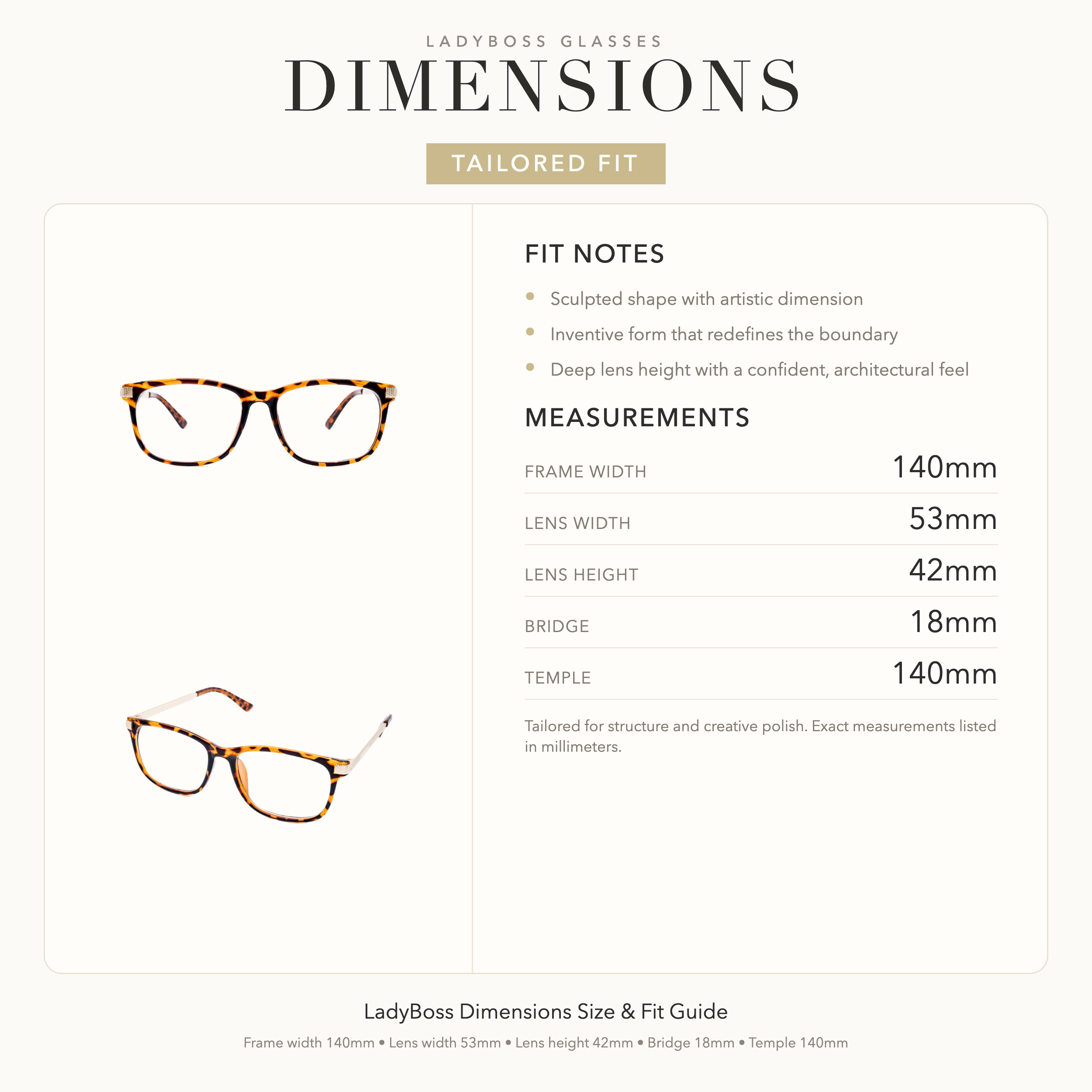 LadyBoss Dimensions size, fit, and feel guide in Leopard #frame color_Leopard