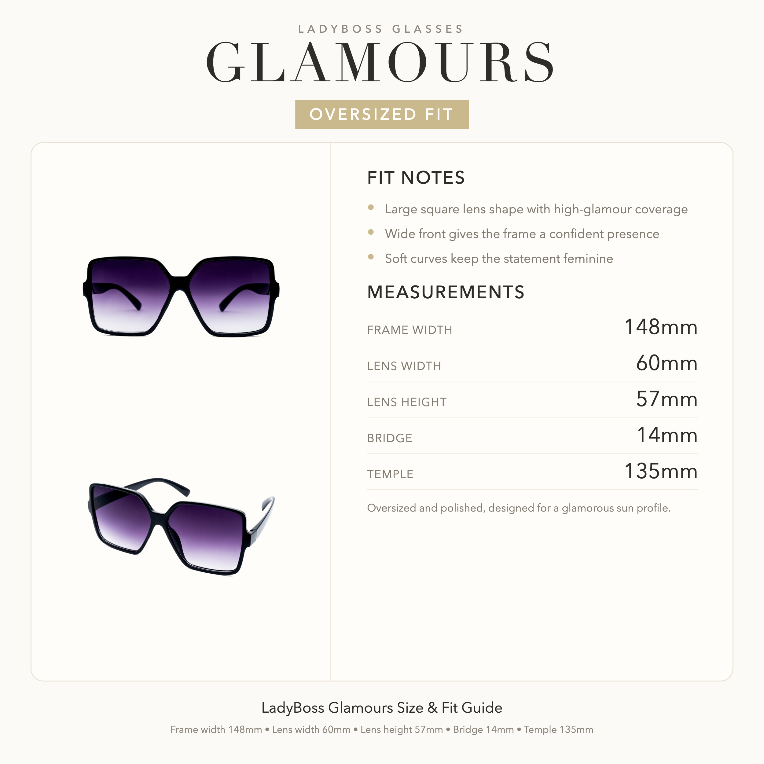 LadyBoss Glamours size, fit, and feel guide in Black #frame color_black