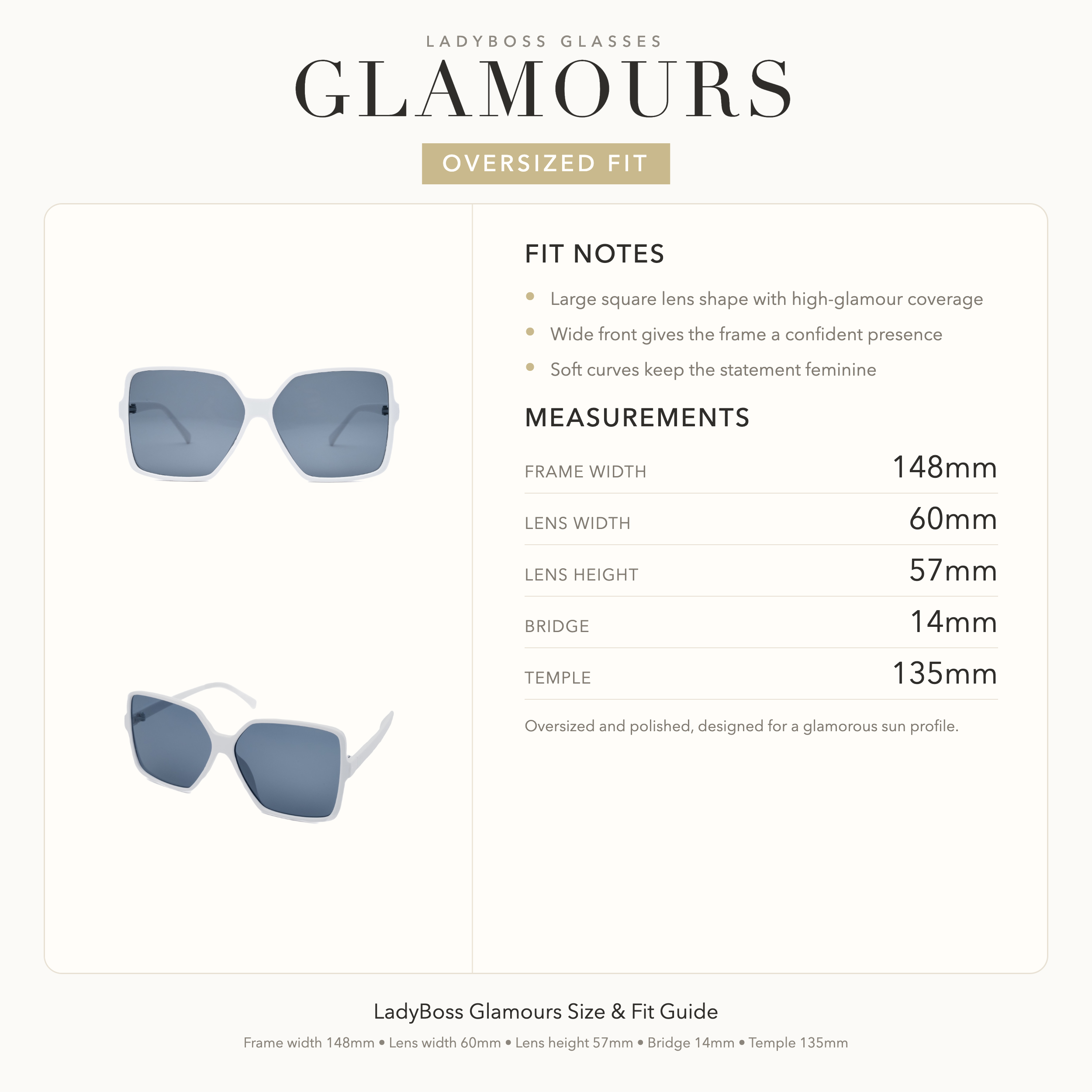 LadyBoss Glamours size, fit, and feel guide in White #frame color_white