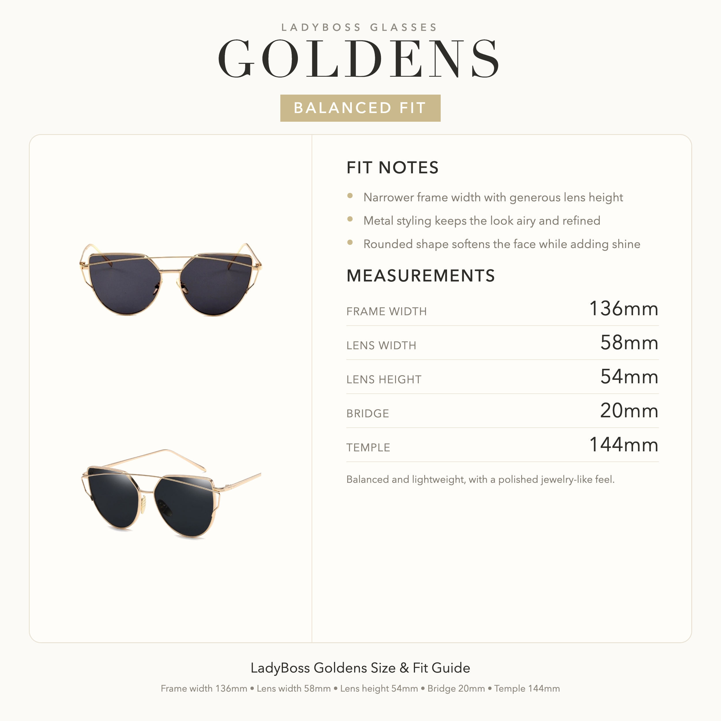 LadyBoss Goldens size, fit, and feel guide in Black #frame color_black