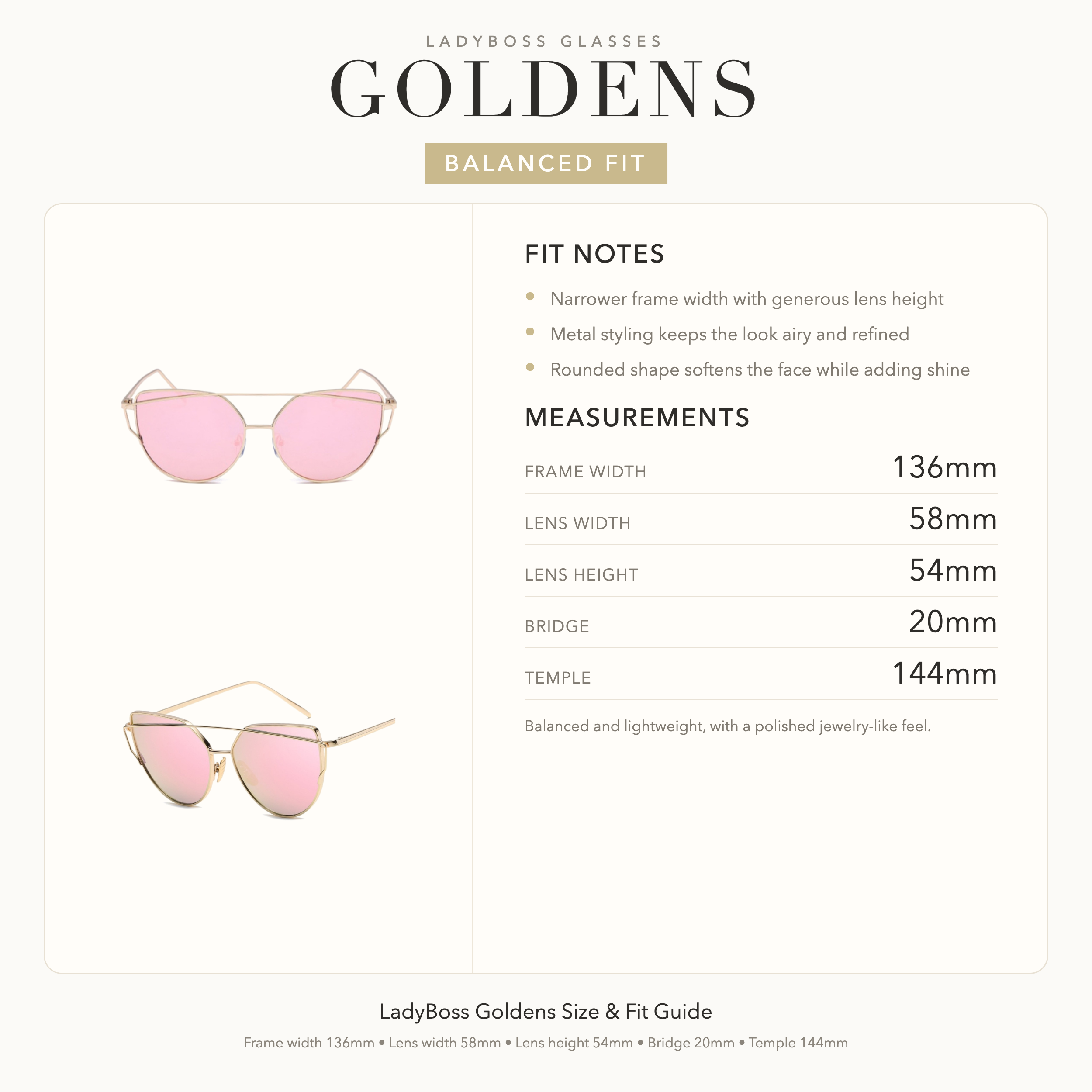 LadyBoss Goldens size, fit, and feel guide in Rose Gold #frame color_rose gold