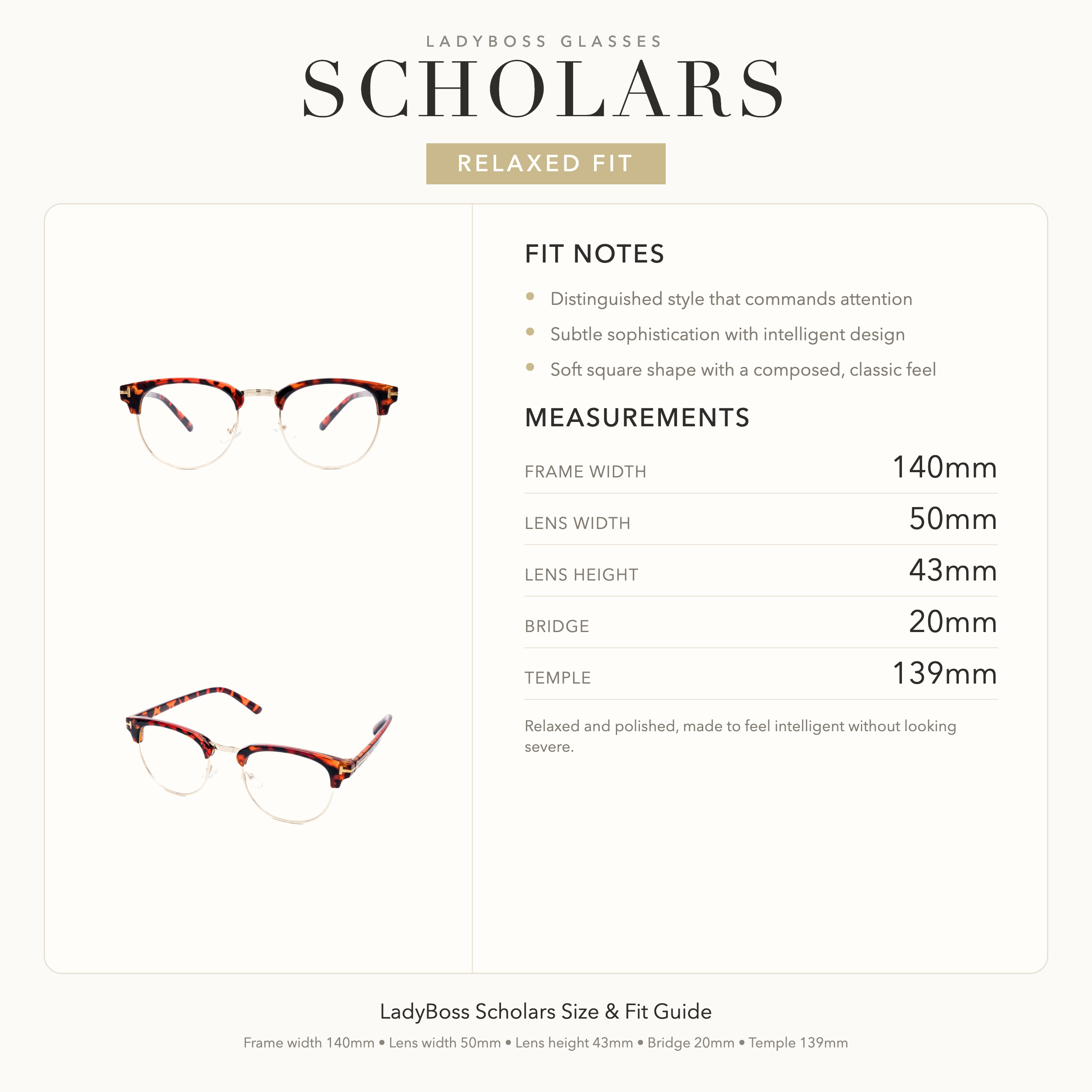 LadyBoss Scholars size, fit, and feel guide in Tortoise #frame color_tortoise