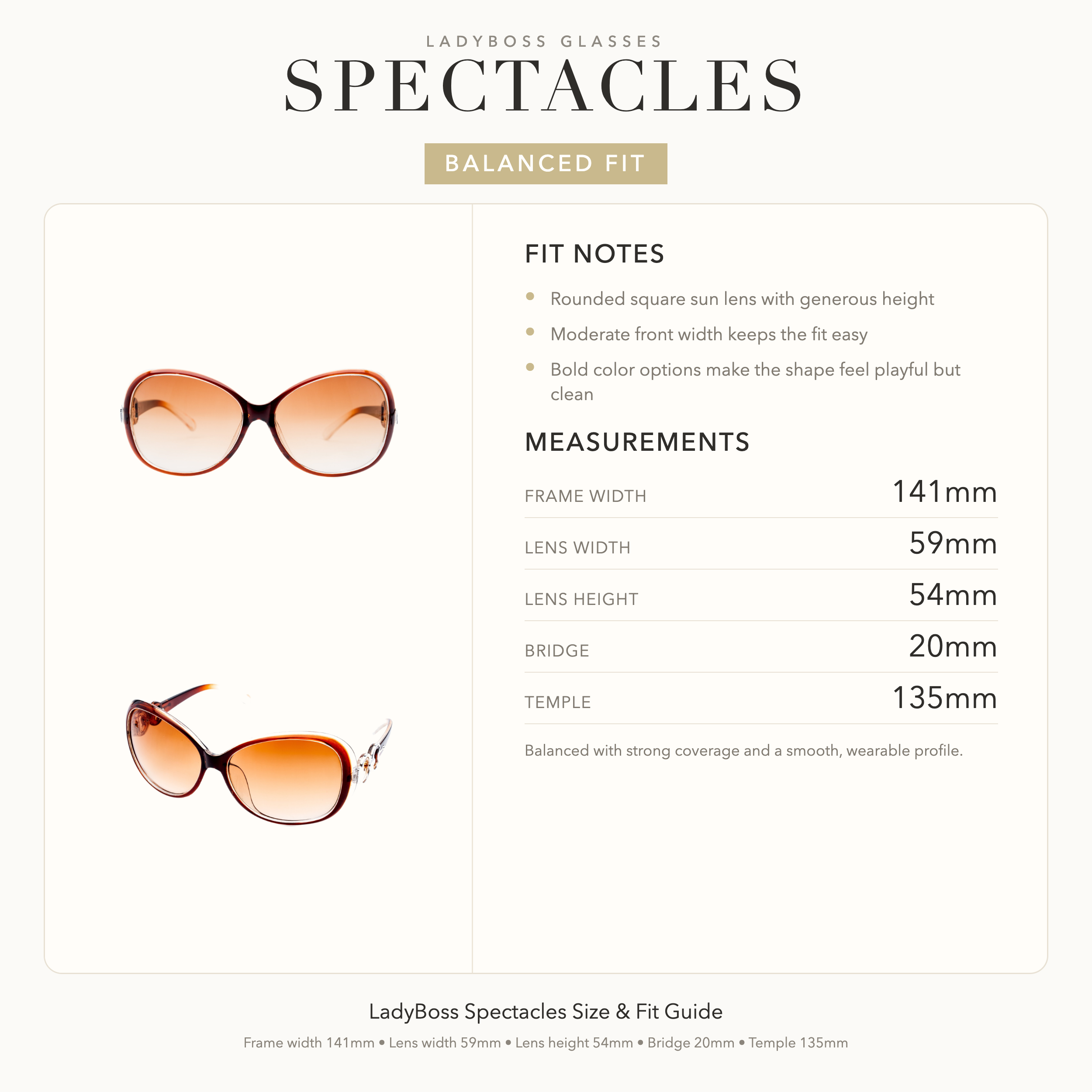 LadyBoss Spectacles size, fit, and feel guide in Amber #frame color_amber