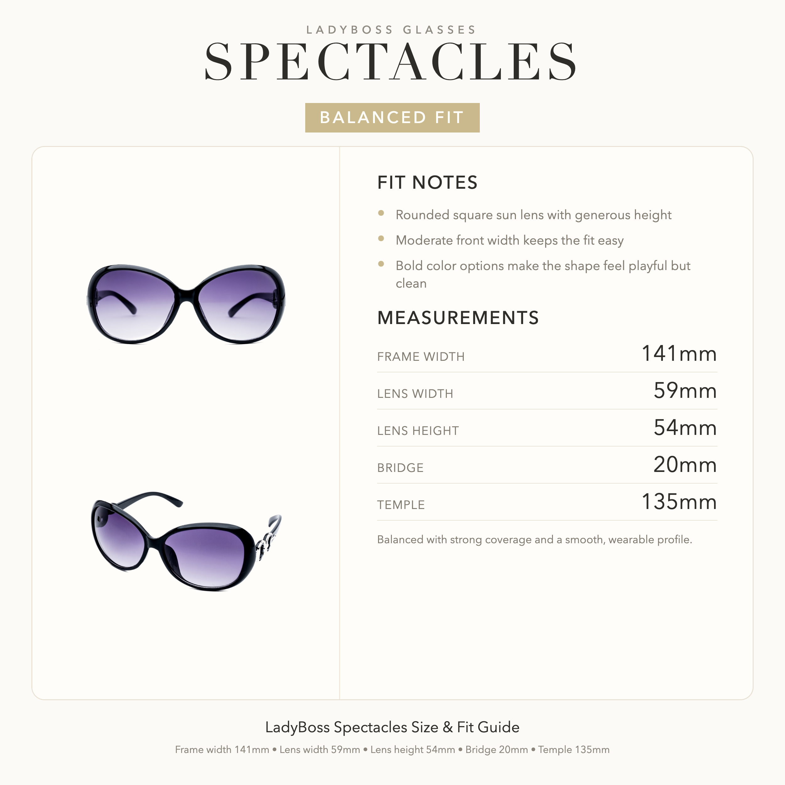 LadyBoss Spectacles size, fit, and feel guide in Black #frame color_black