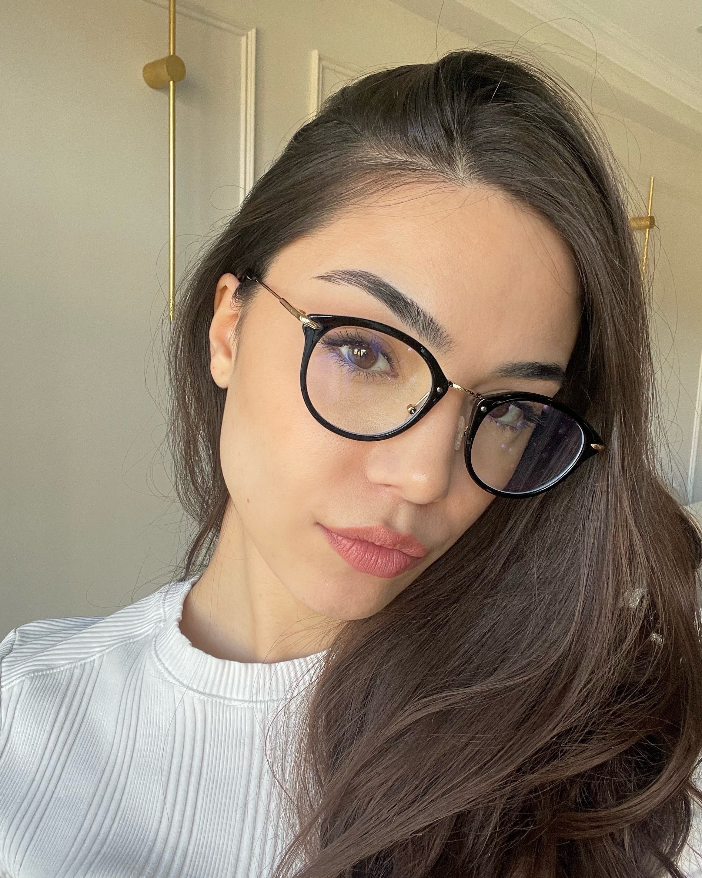 Model wearing LadyBoss Visionaries eyeglasses in Black #frame color_black