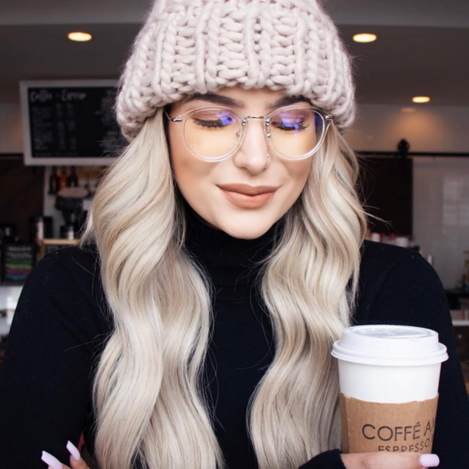 Model wearing LadyBoss Visionaries eyeglasses in Crystal Clear