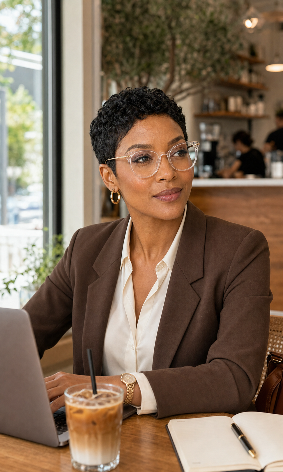 Model wearing LadyBoss Icons eyeglasses in Clear & Gold Metal at a cafe