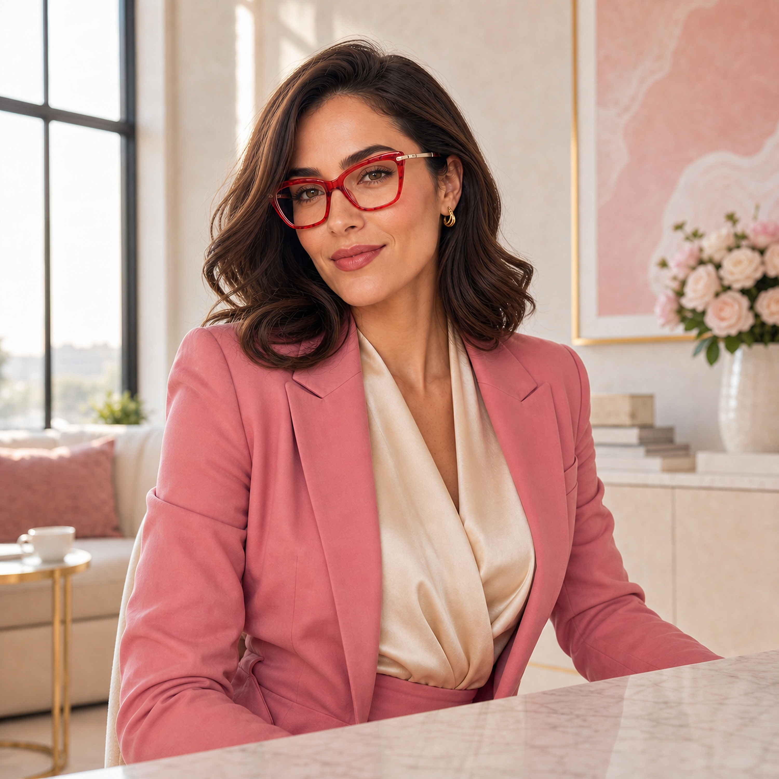 Model wearing LadyBoss Savants eyeglasses in Hibiscus Crystal at a cafe