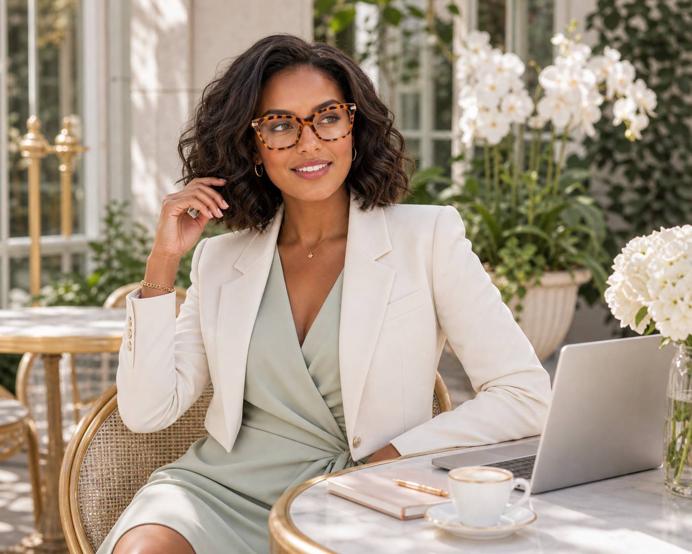 Model wearing LadyBoss Savants eyeglasses in Leopard at a cafe